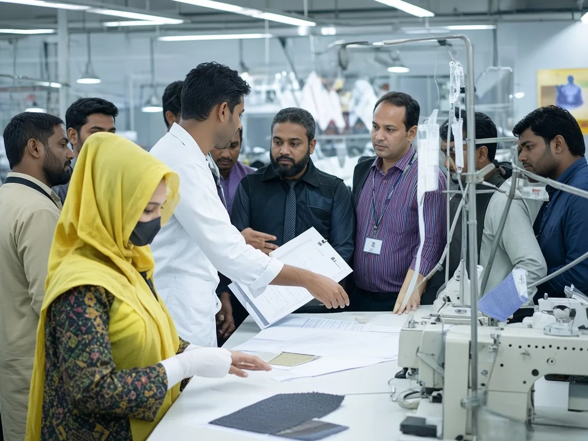 Apparel team reviewing a sample on a production floor in Bangladesh