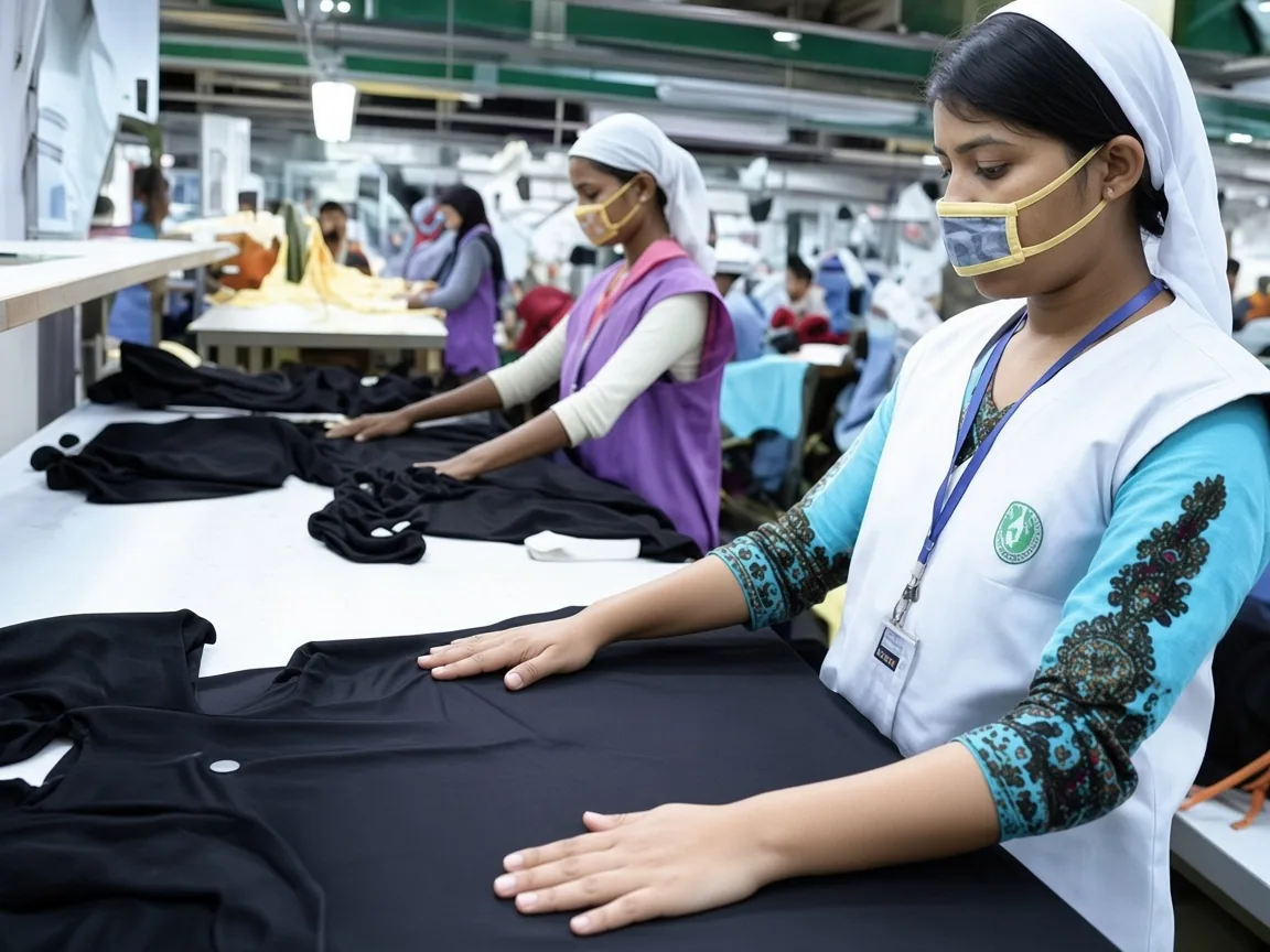 Operators finishing garments on a production line