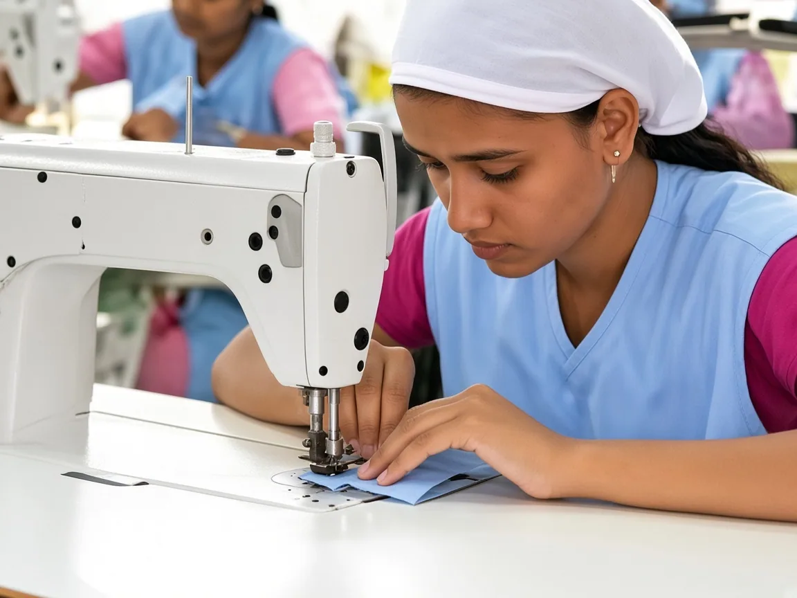 Sewing operator working a garment at a machine during pre-production