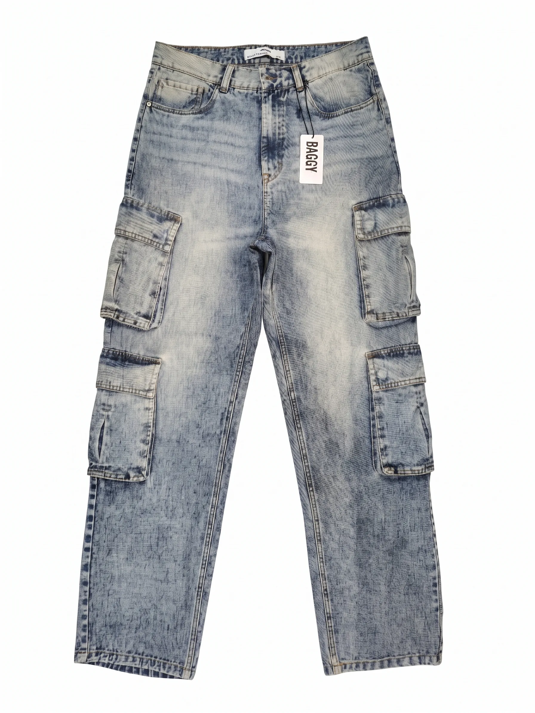 Acid-wash baggy cargo jeans, front view, development reference