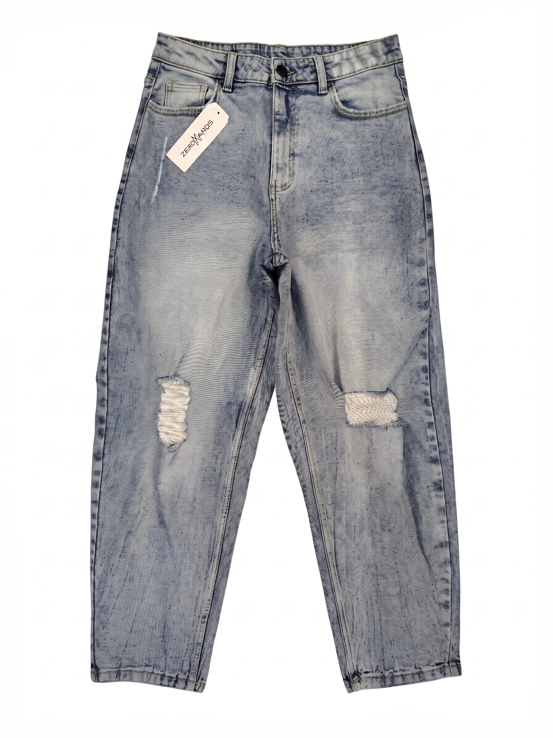 Acid-wash knee-rip jeans, front view, development reference
