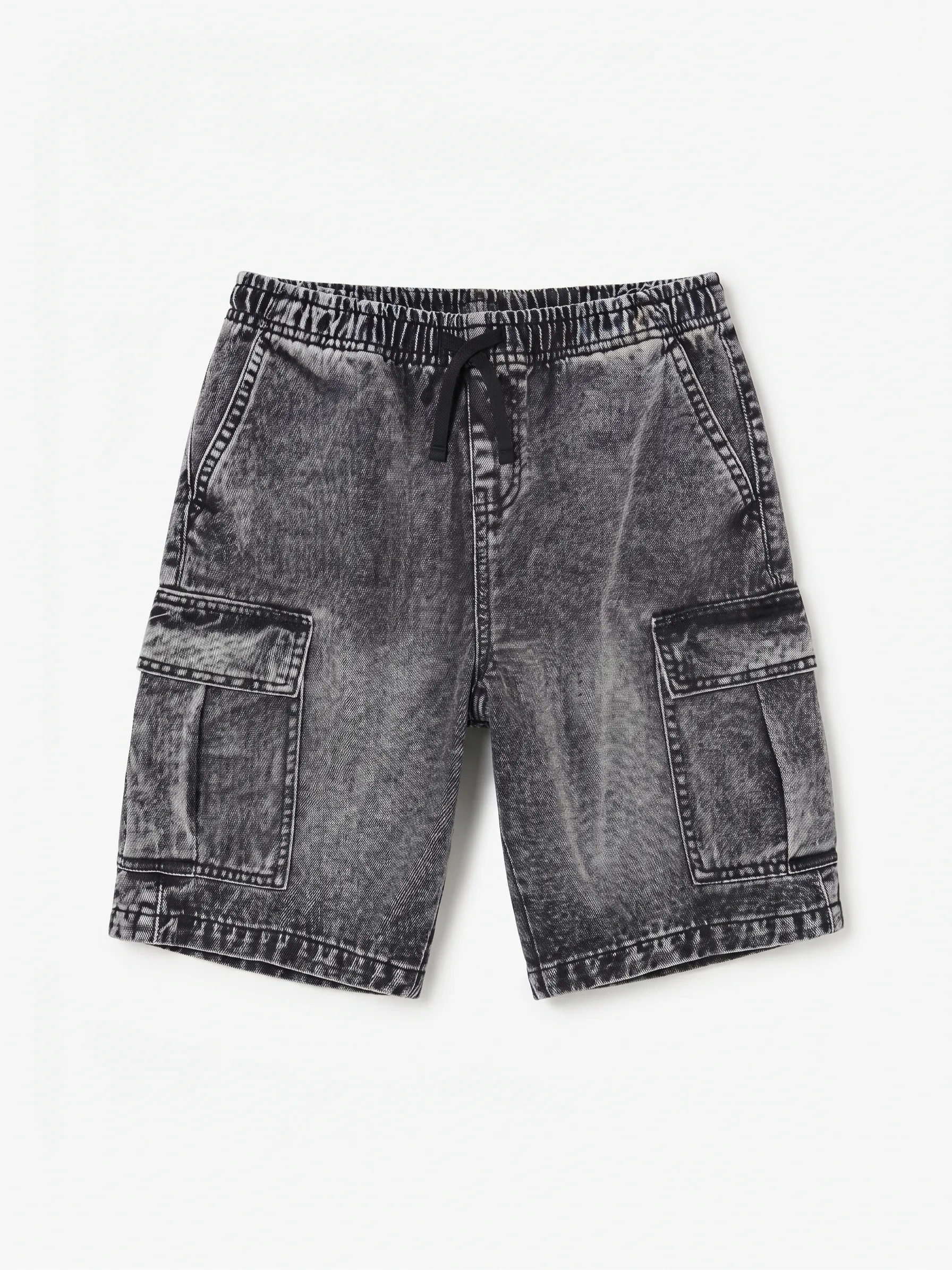 Black acid-wash cargo shorts, front view, development reference