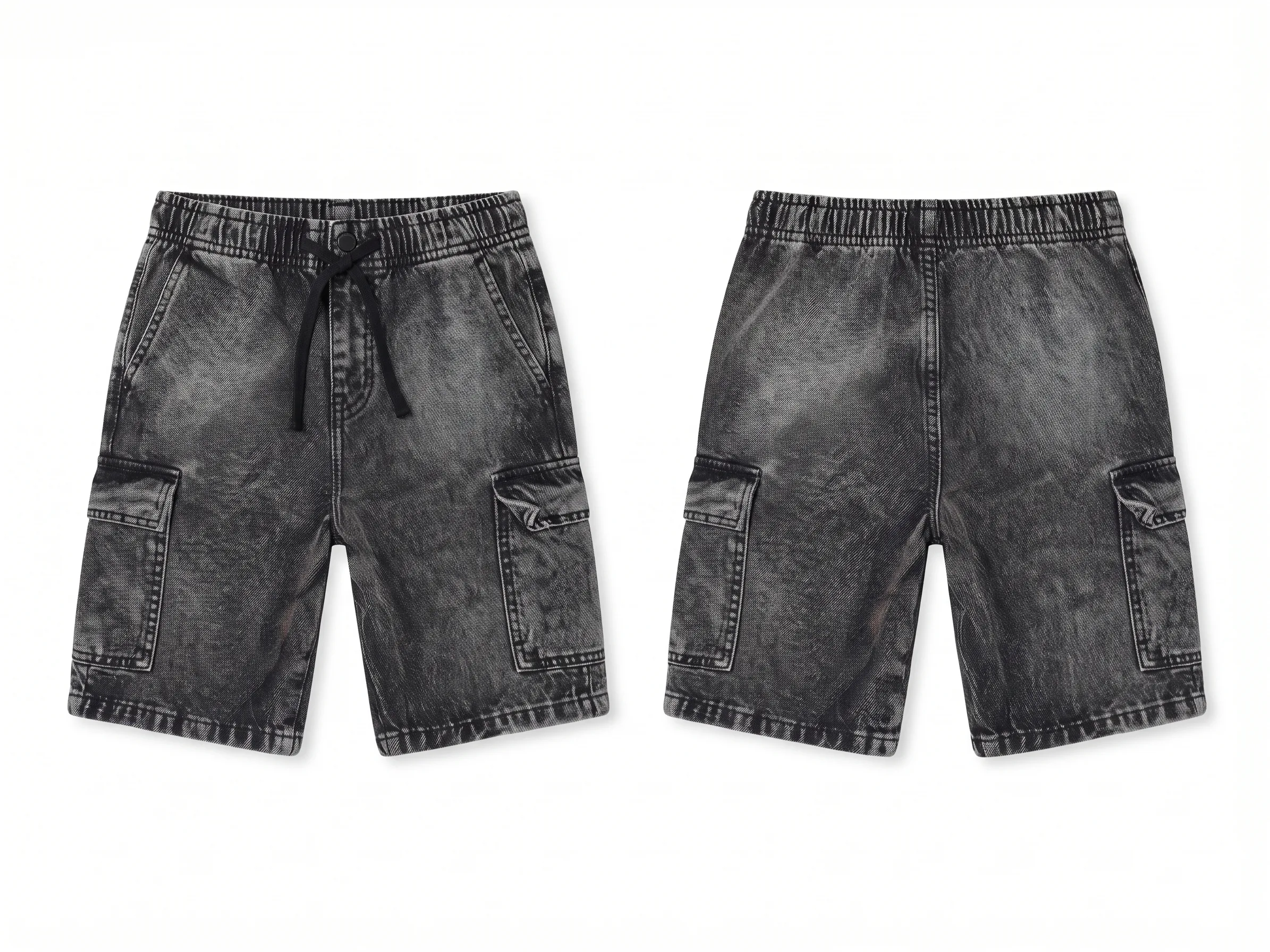 Black acid-wash cargo shorts, back view, development reference