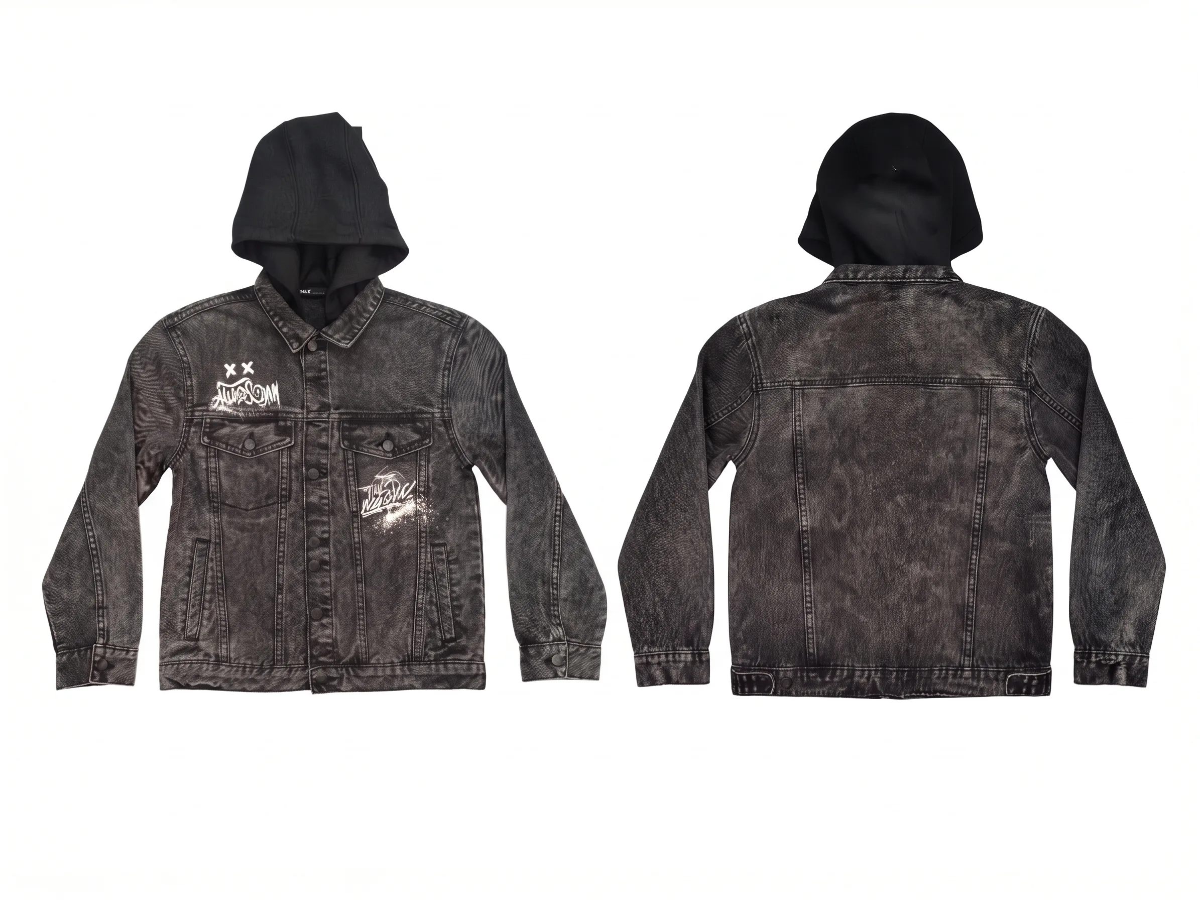 Black acid-wash hooded denim jacket, back view, development reference