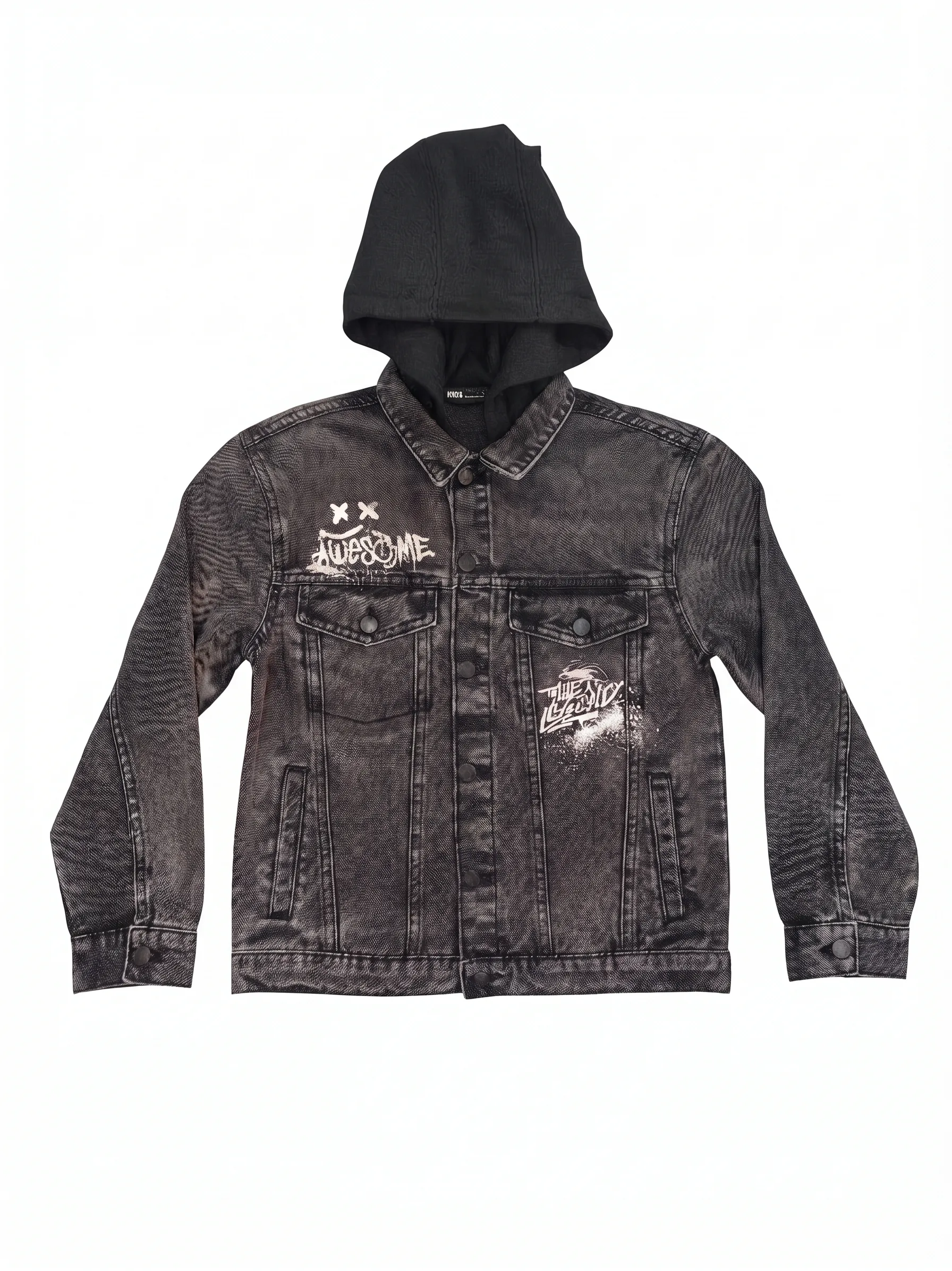 Black acid-wash hooded graffiti jacket, front view, development reference