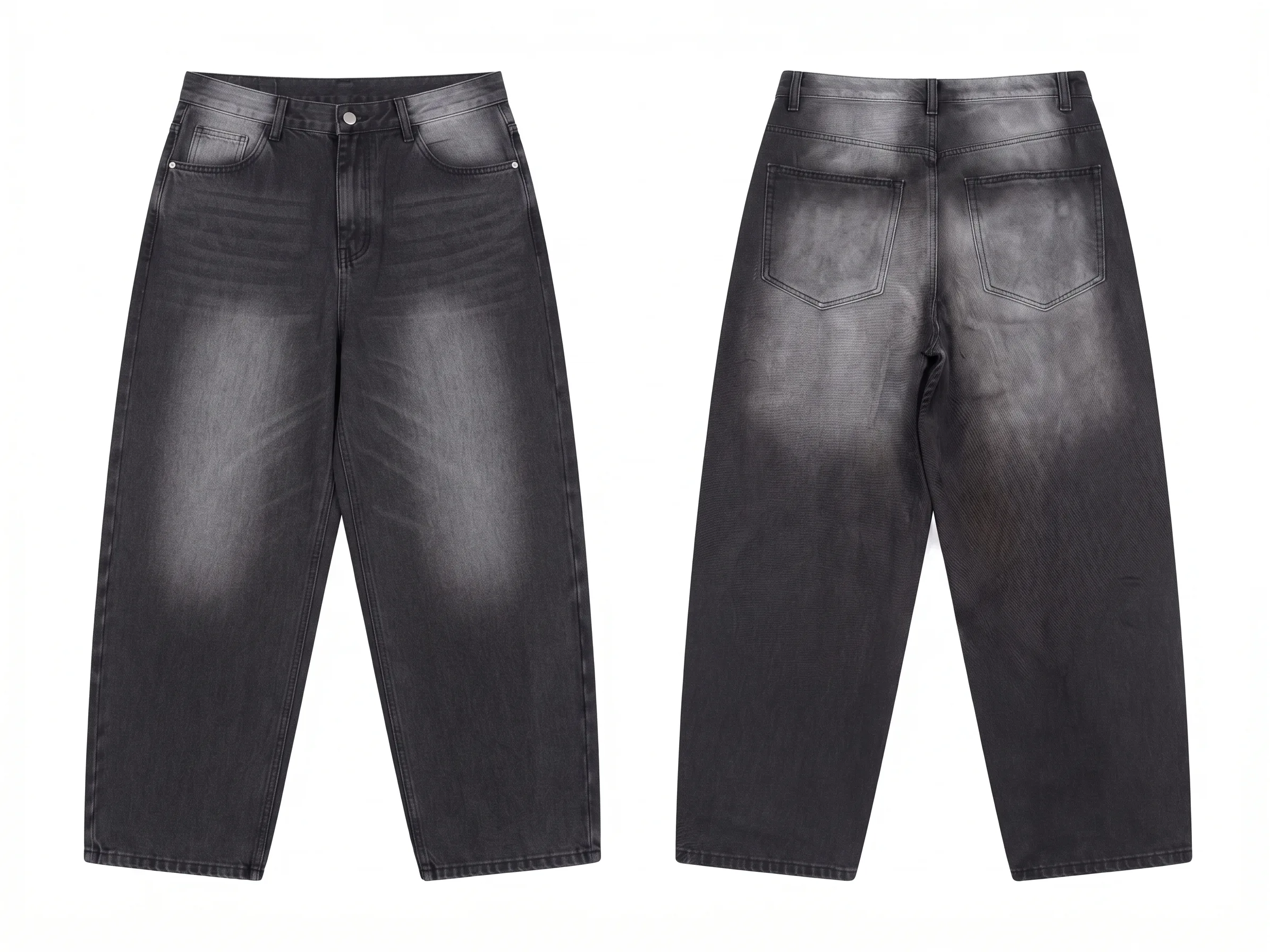 Black acid-wash relaxed wide jeans, back view, development reference