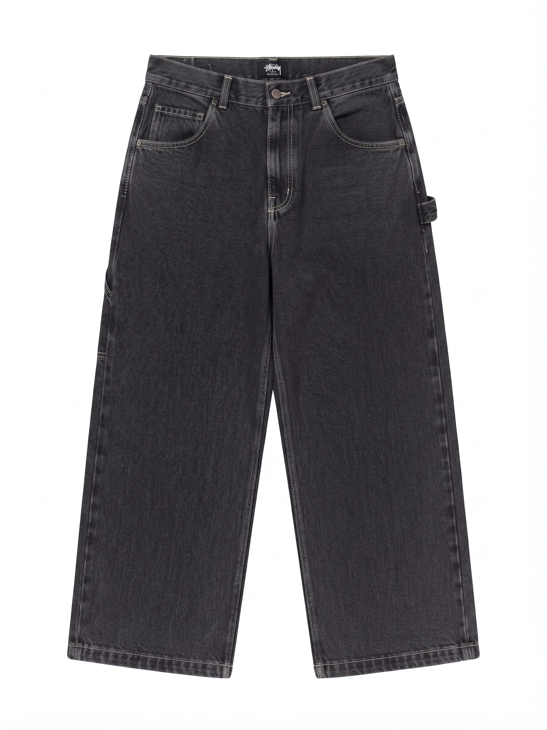 Black carpenter jeans, front view, development reference
