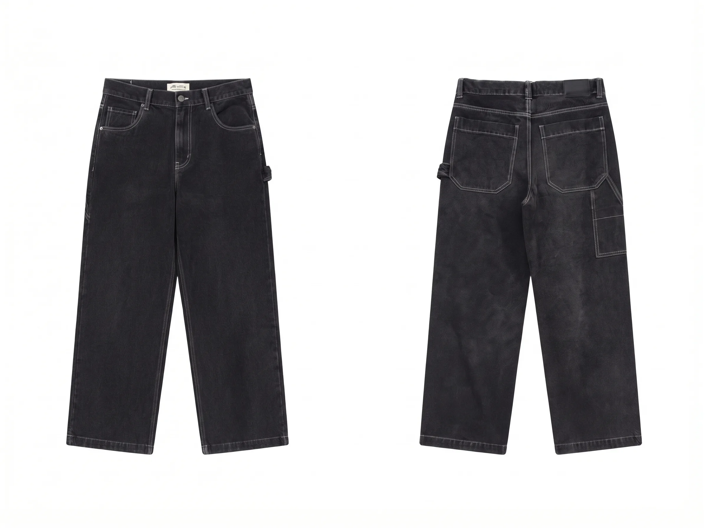 Black carpenter utility pants, back view, development reference