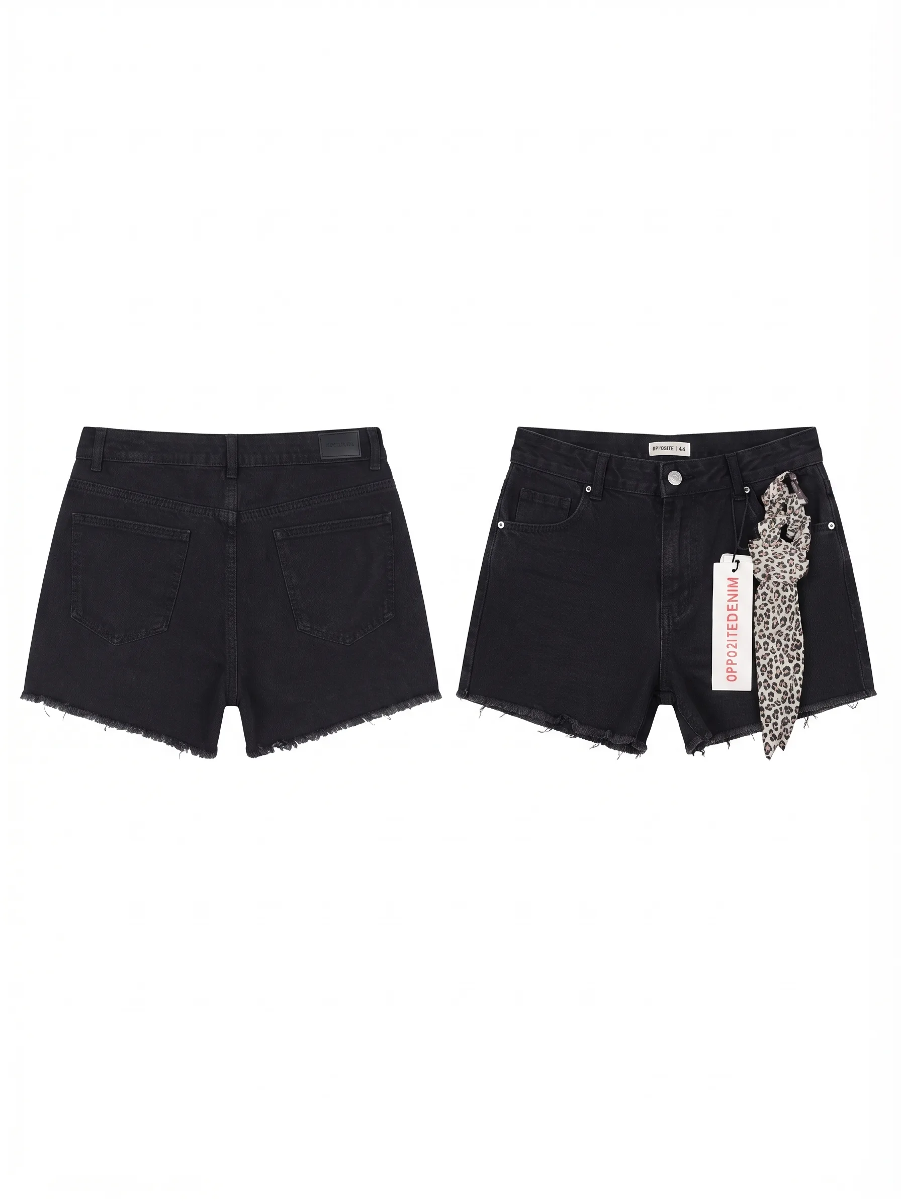 Black frayed denim shorts, back view, development reference