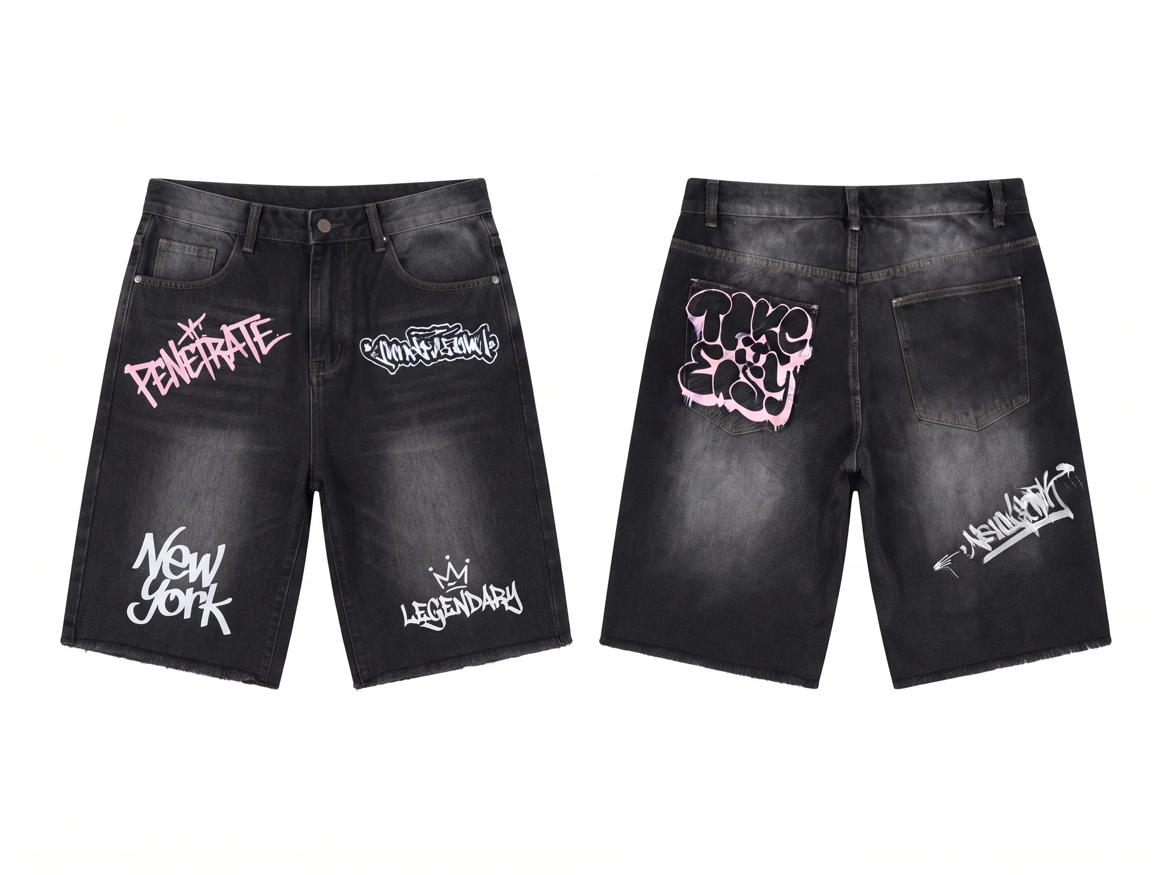 Black graffiti denim shorts, back view, development reference