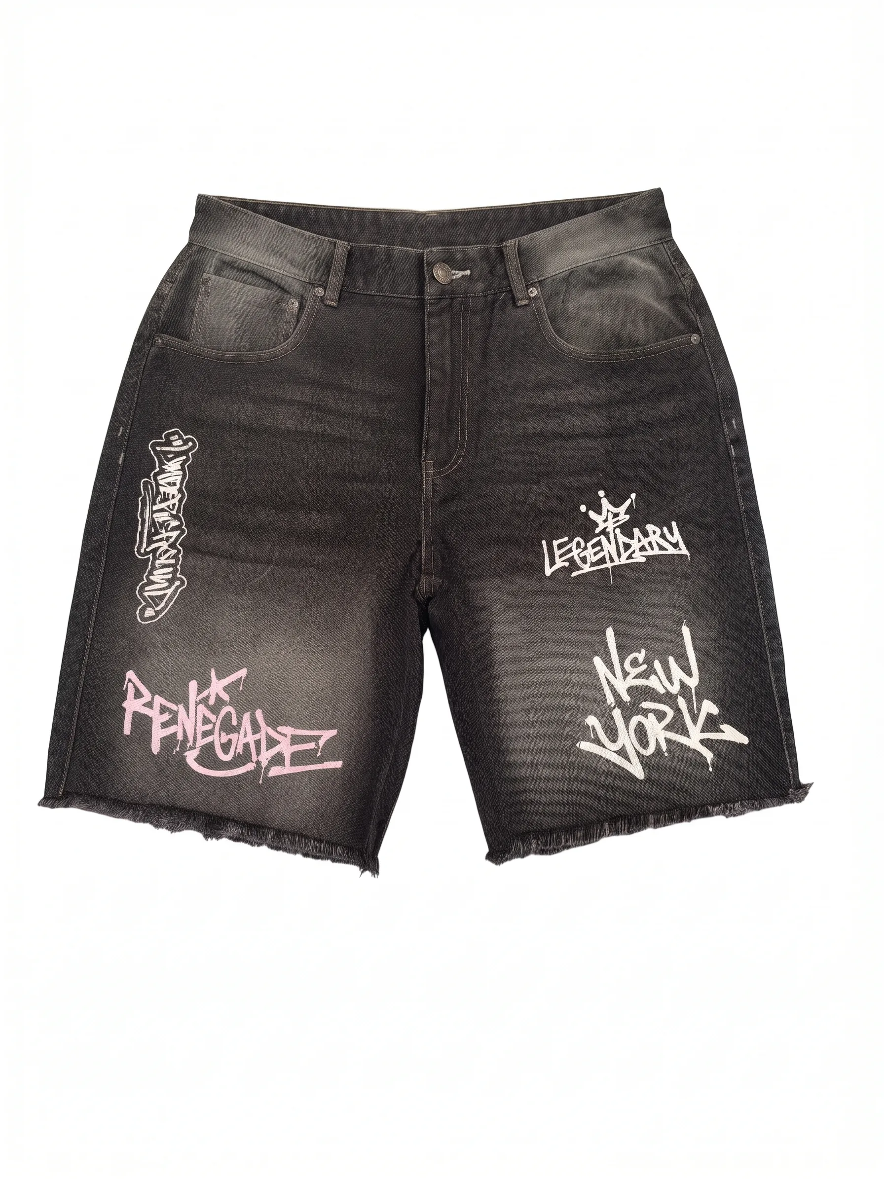 Black graffiti raw-hem shorts, front view, development reference