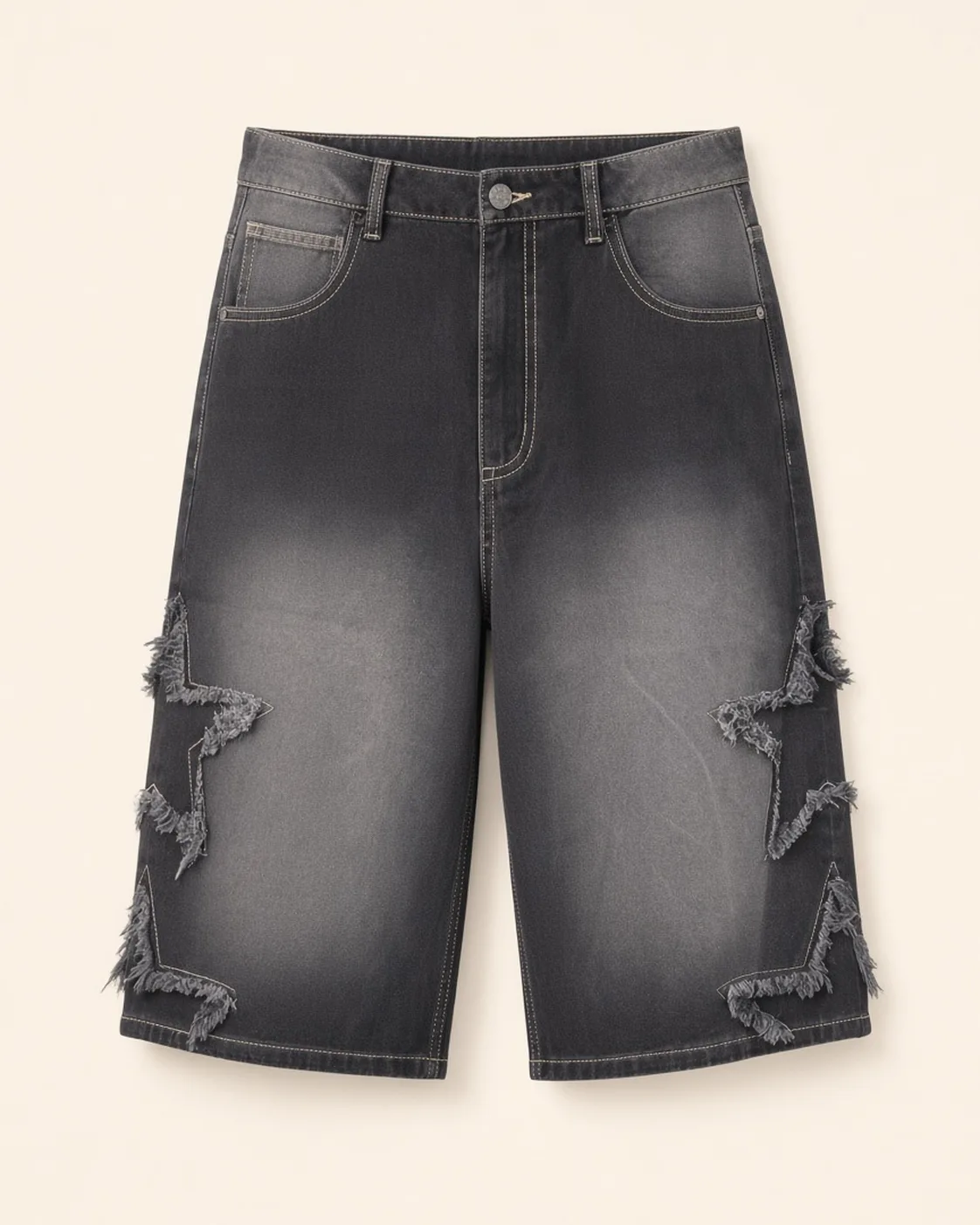 Black graphic denim shorts, front view, development reference