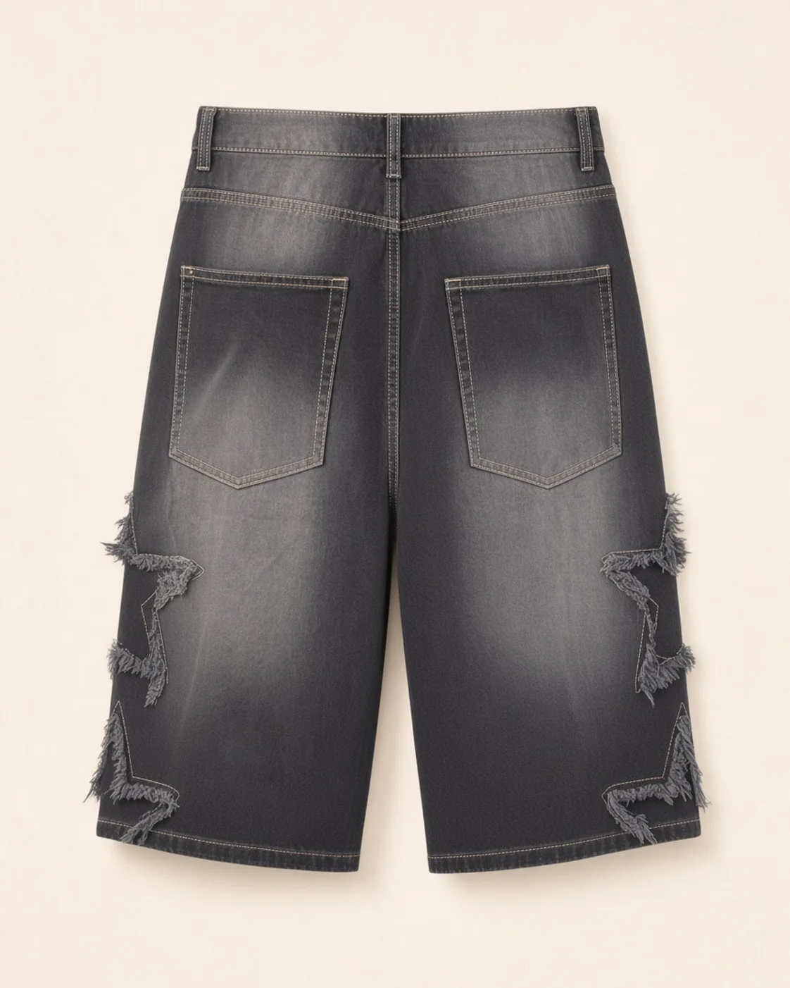Black graphic denim shorts, back view, development reference