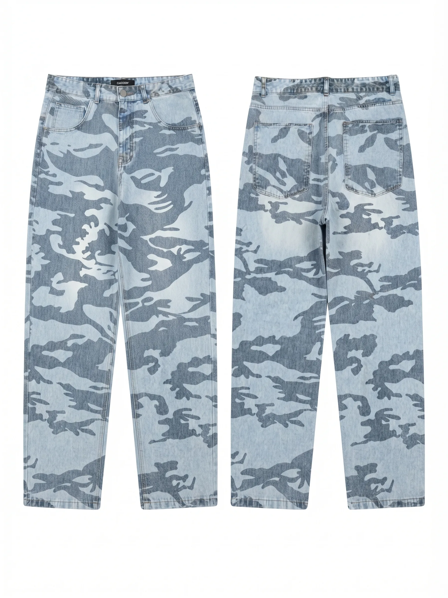 Blue camo wide-leg jeans, back view, development reference