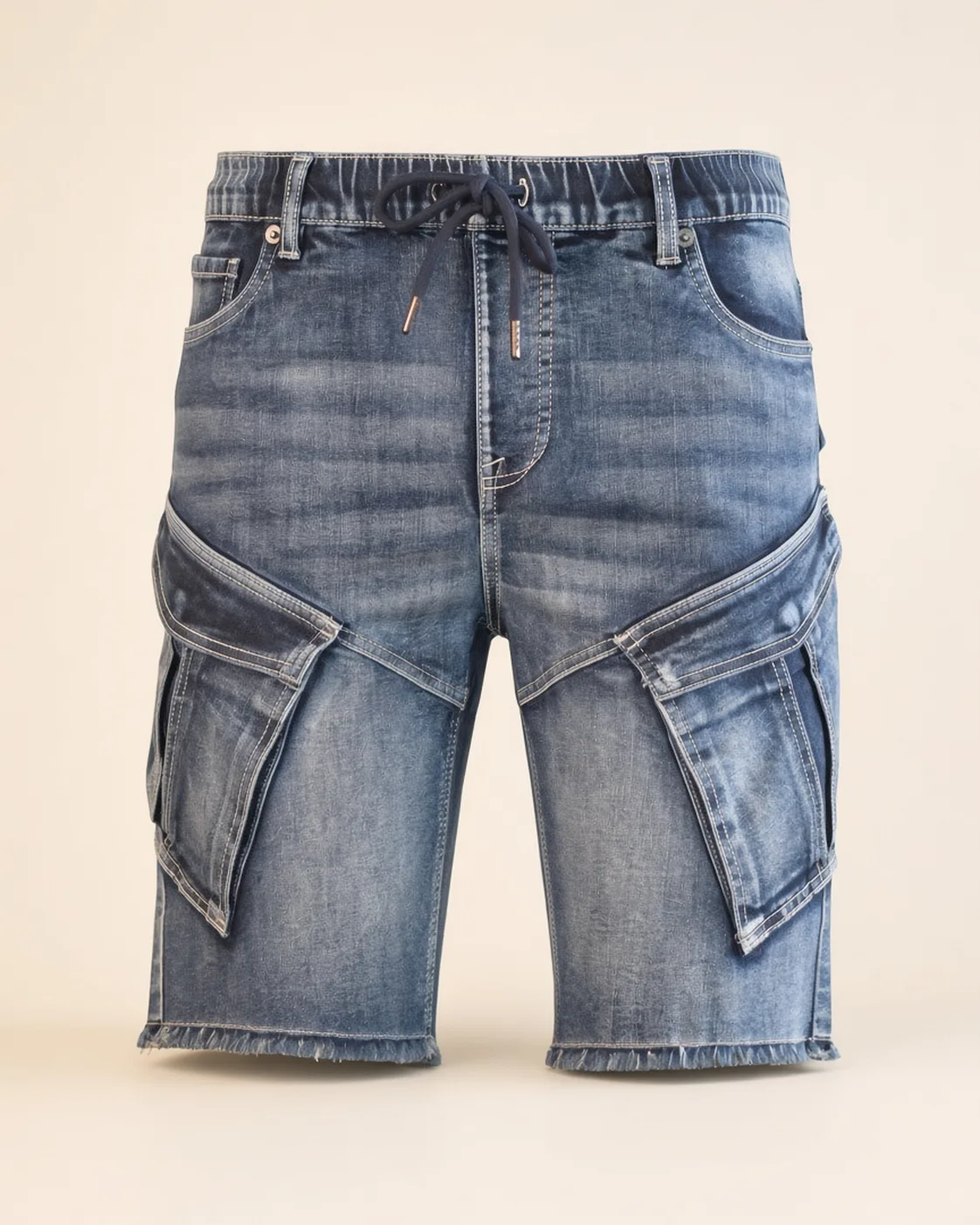 Blue denim cargo shorts, front view, development reference