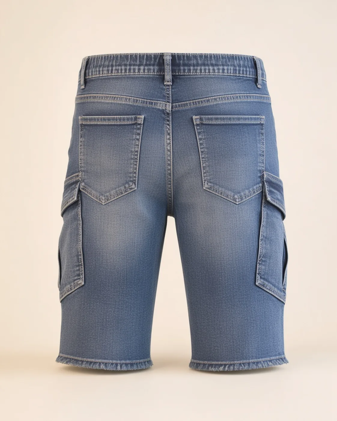 Blue denim cargo shorts, back view, development reference