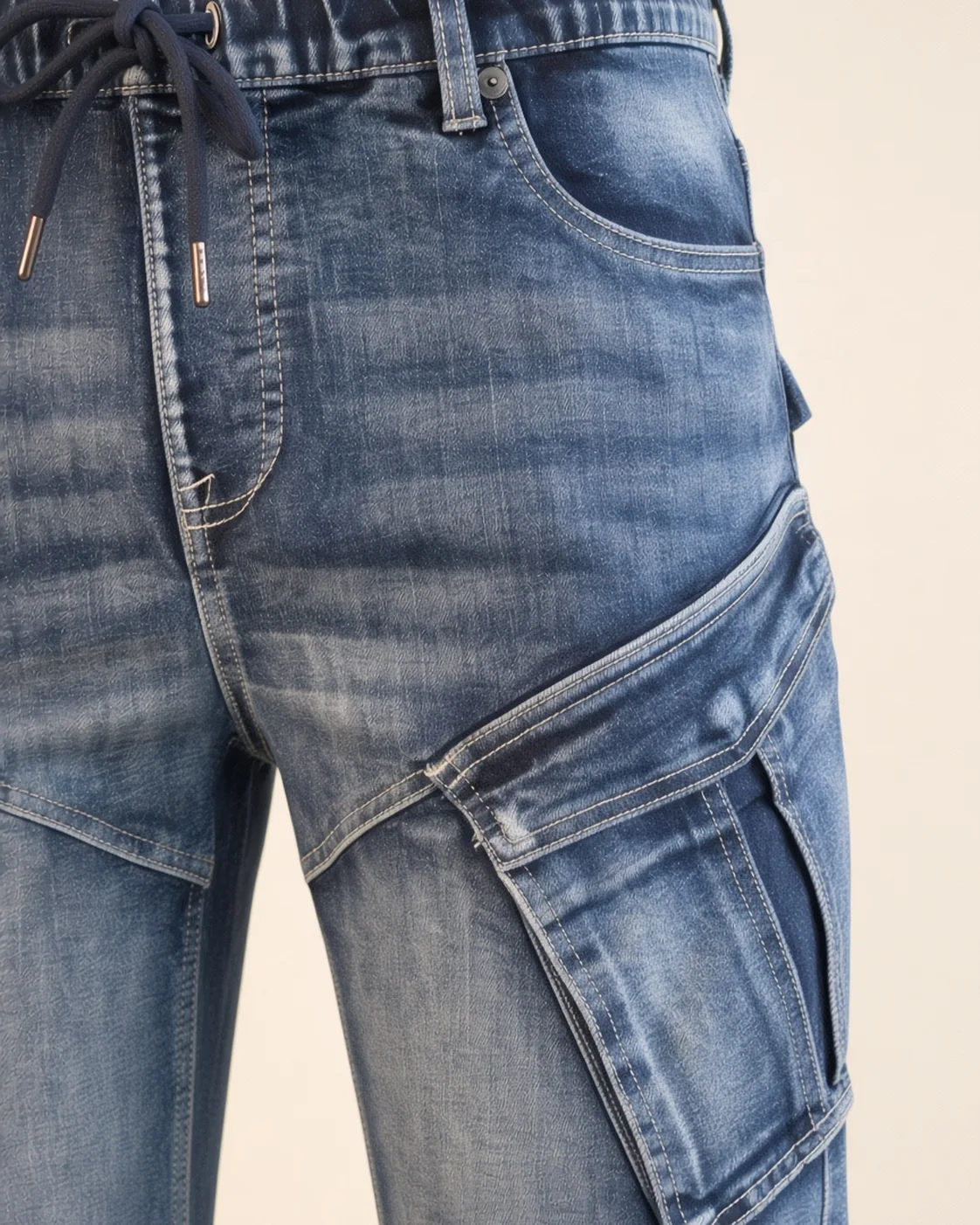 Blue denim cargo shorts, construction detail, development reference