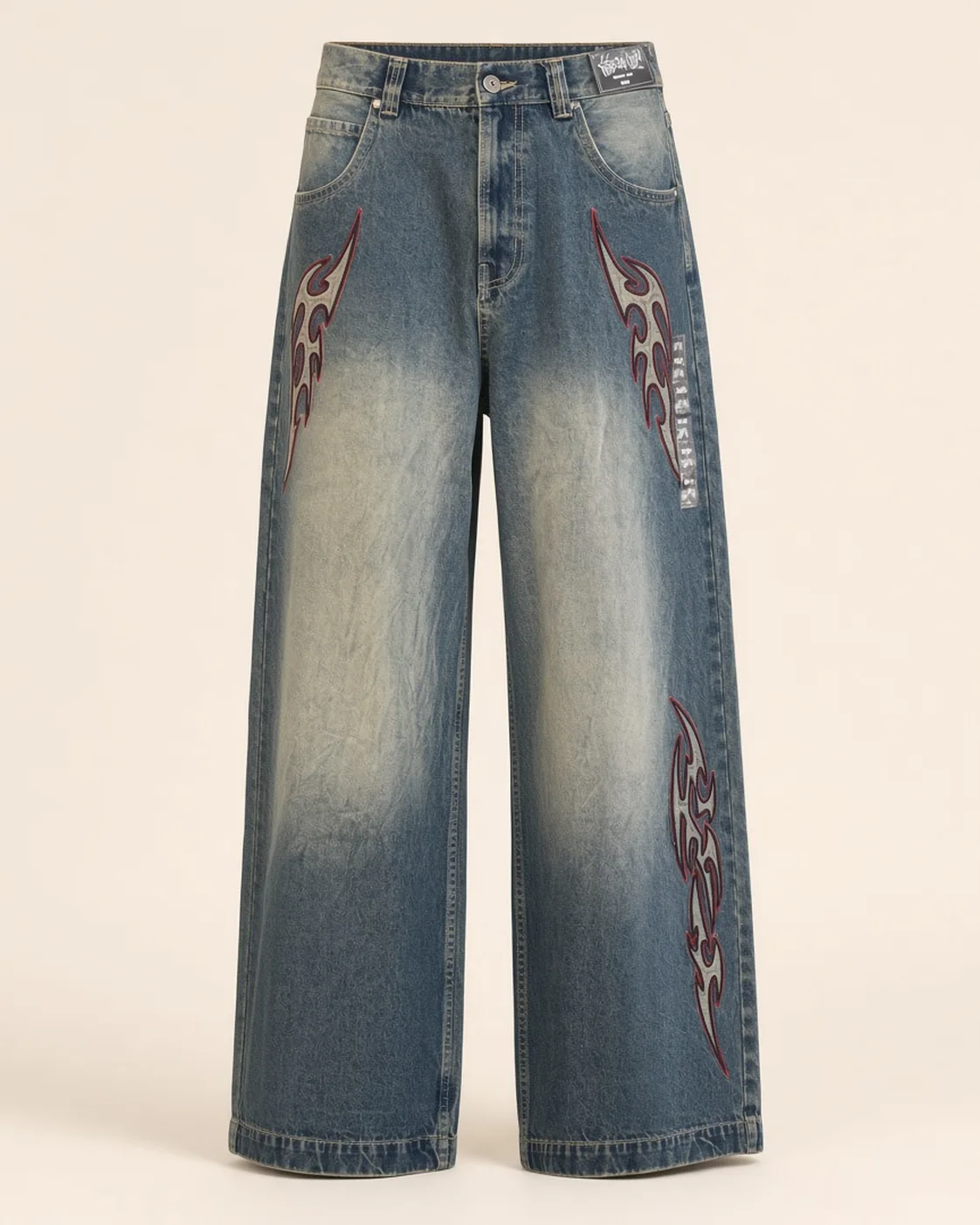 Blue graphic wide-leg jeans, front view, development reference