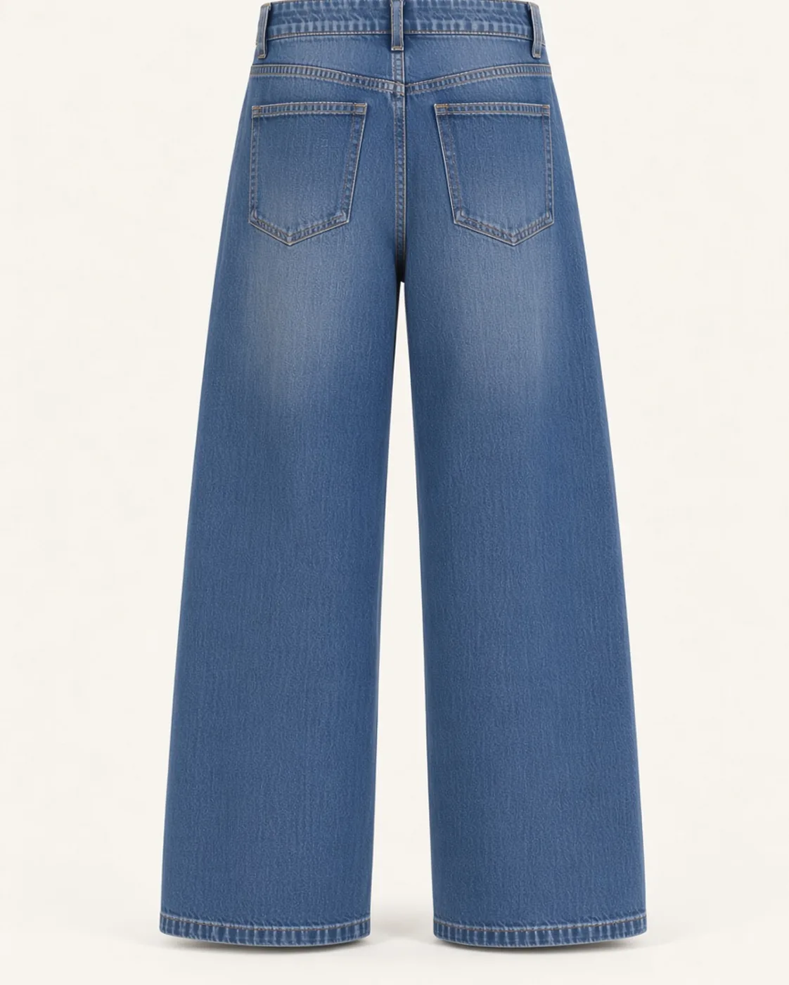 Blue graphic wide-leg jeans, back view, development reference