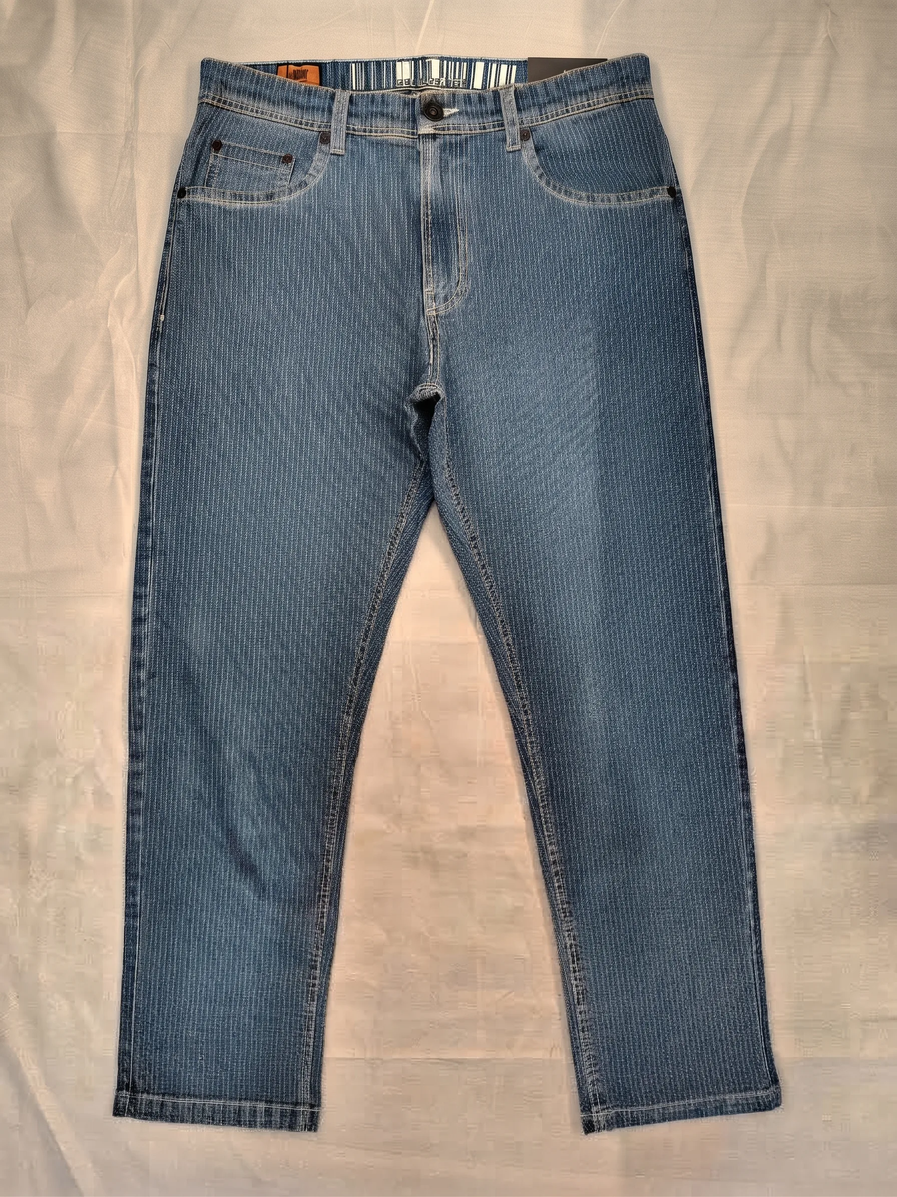 Blue pinstripe jeans, front view, development reference