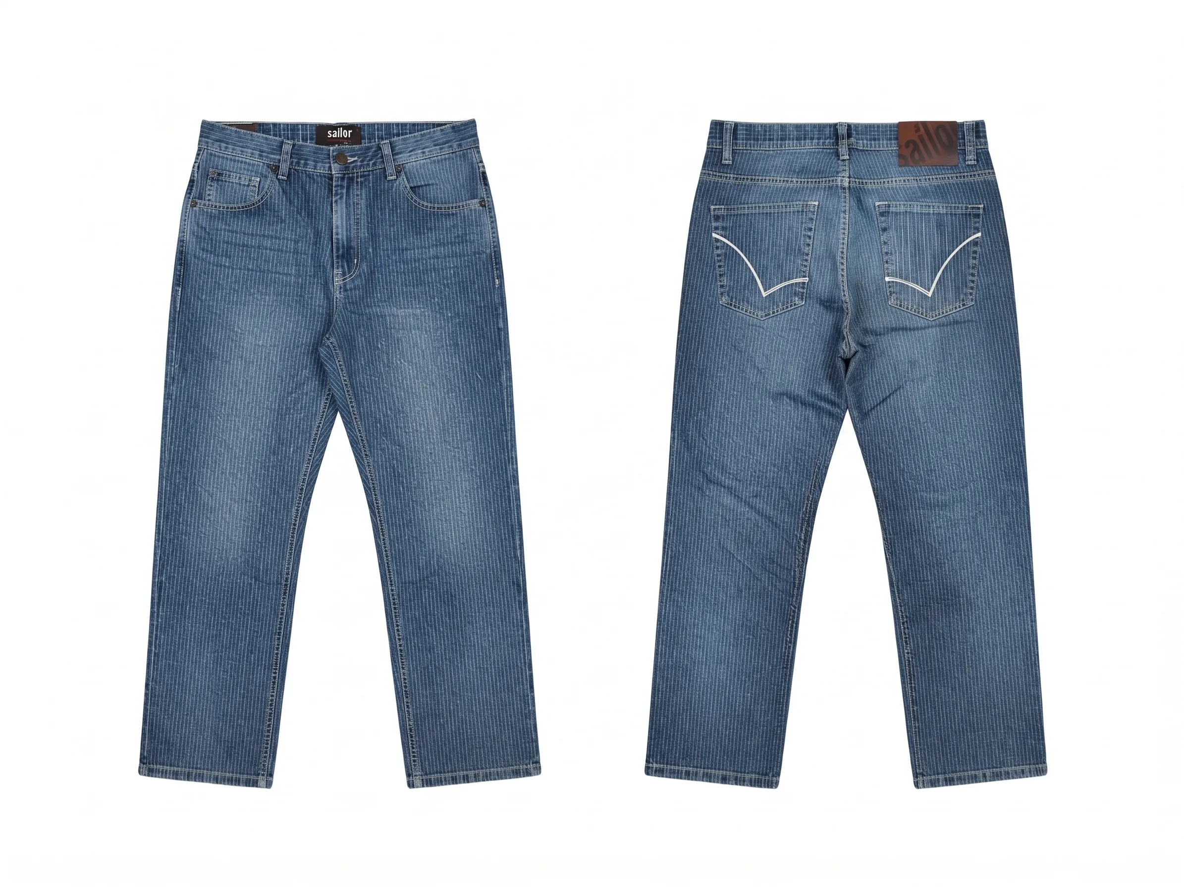 Blue pinstripe jeans, back view, development reference