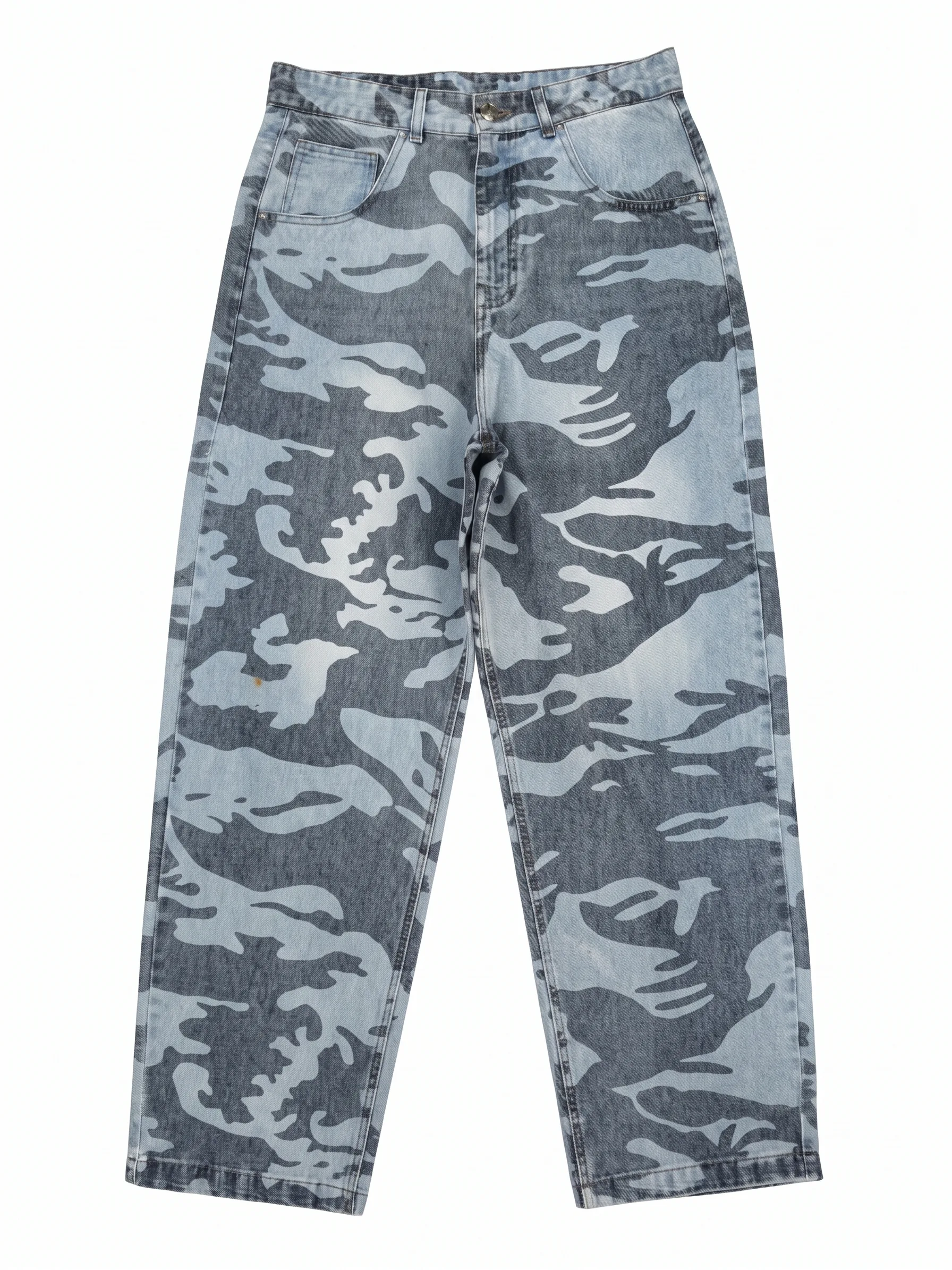 Camo print acid-wash jeans, front view, development reference