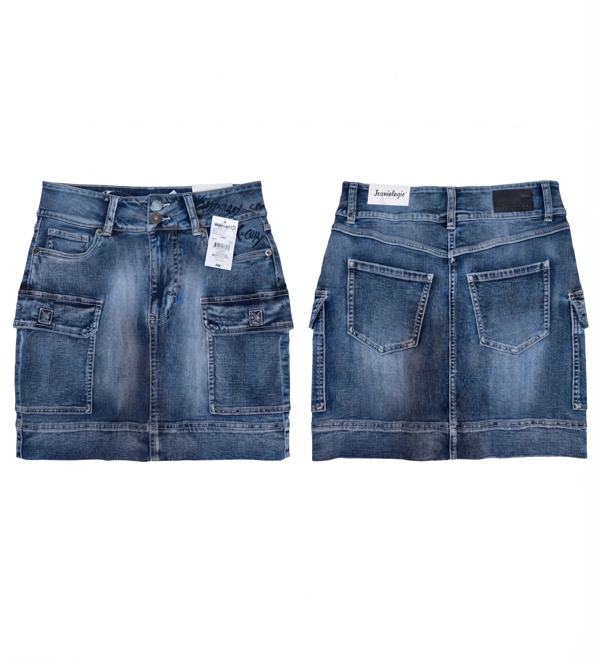 Cargo denim mini skirt, back view, development reference