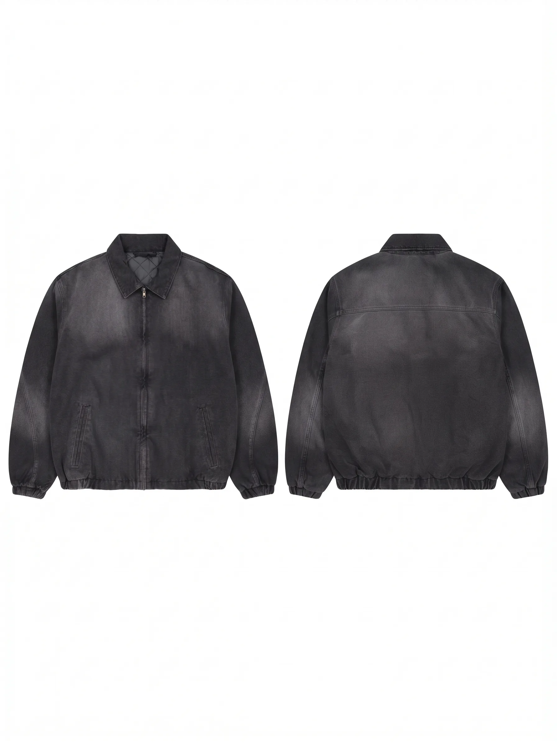 Charcoal acid-wash bomber, back view, development reference