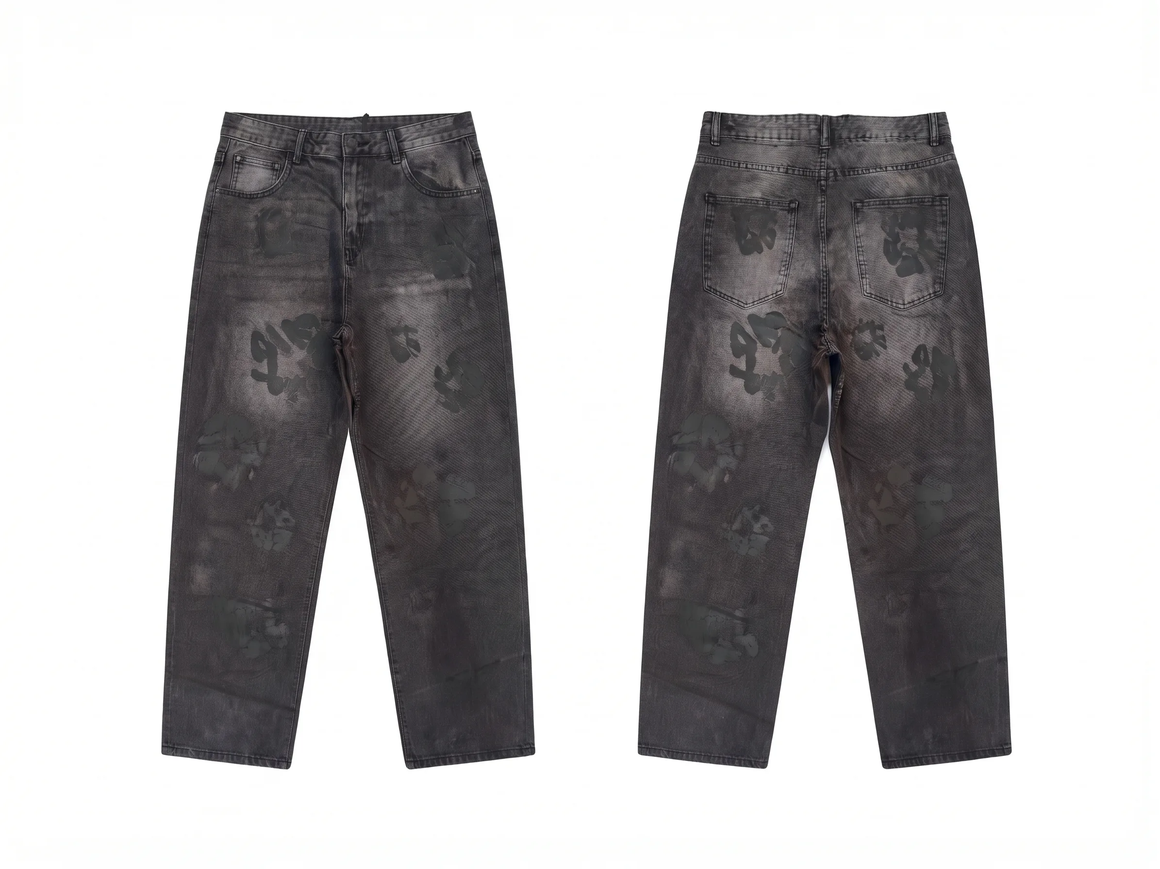 Charcoal floral print jeans, back view, development reference