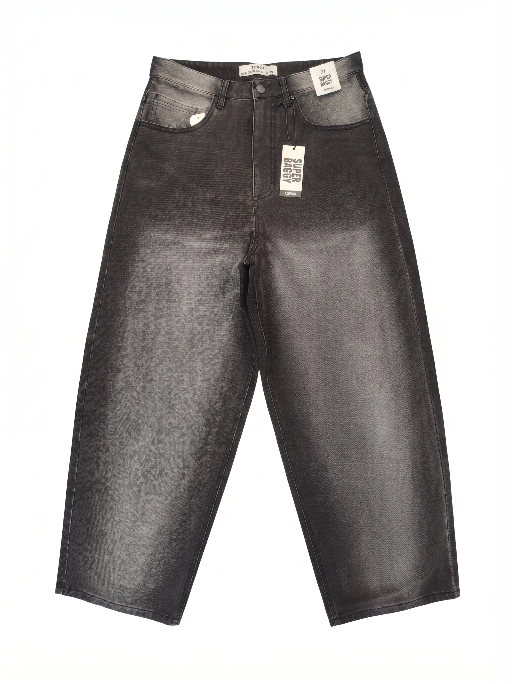 Charcoal super baggy jeans, front view, development reference