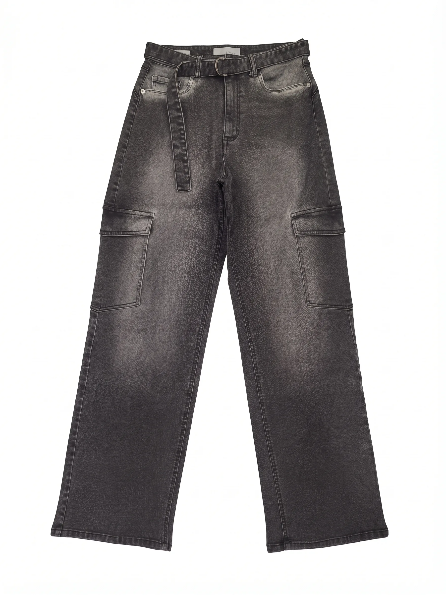 Charcoal wide-leg cargo jeans, front view, development reference