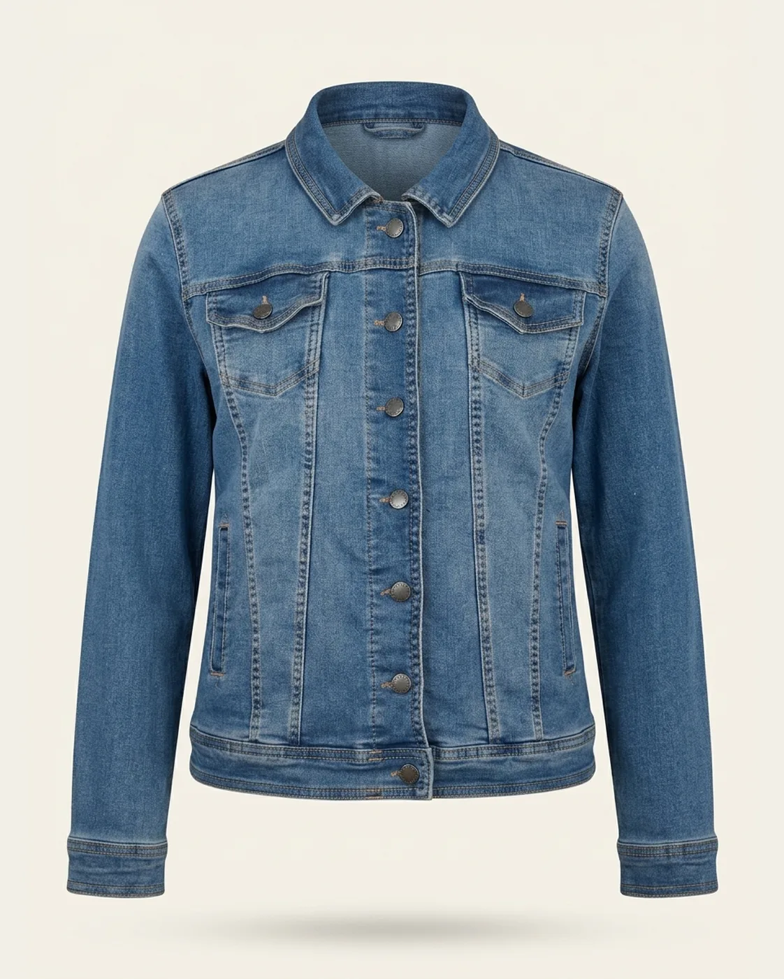 Classic blue denim jacket, front view, development reference