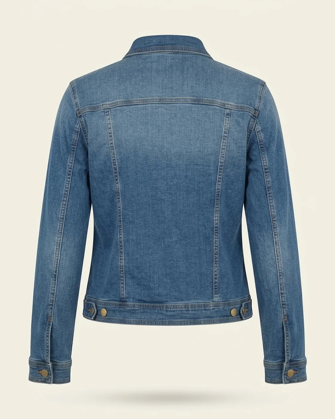 Classic blue denim jacket, back view, development reference