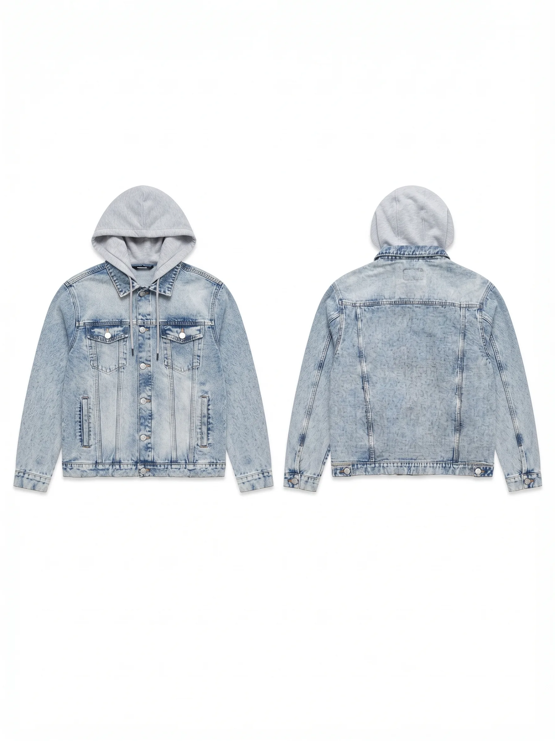 Clean light hooded denim jacket, back view, development reference