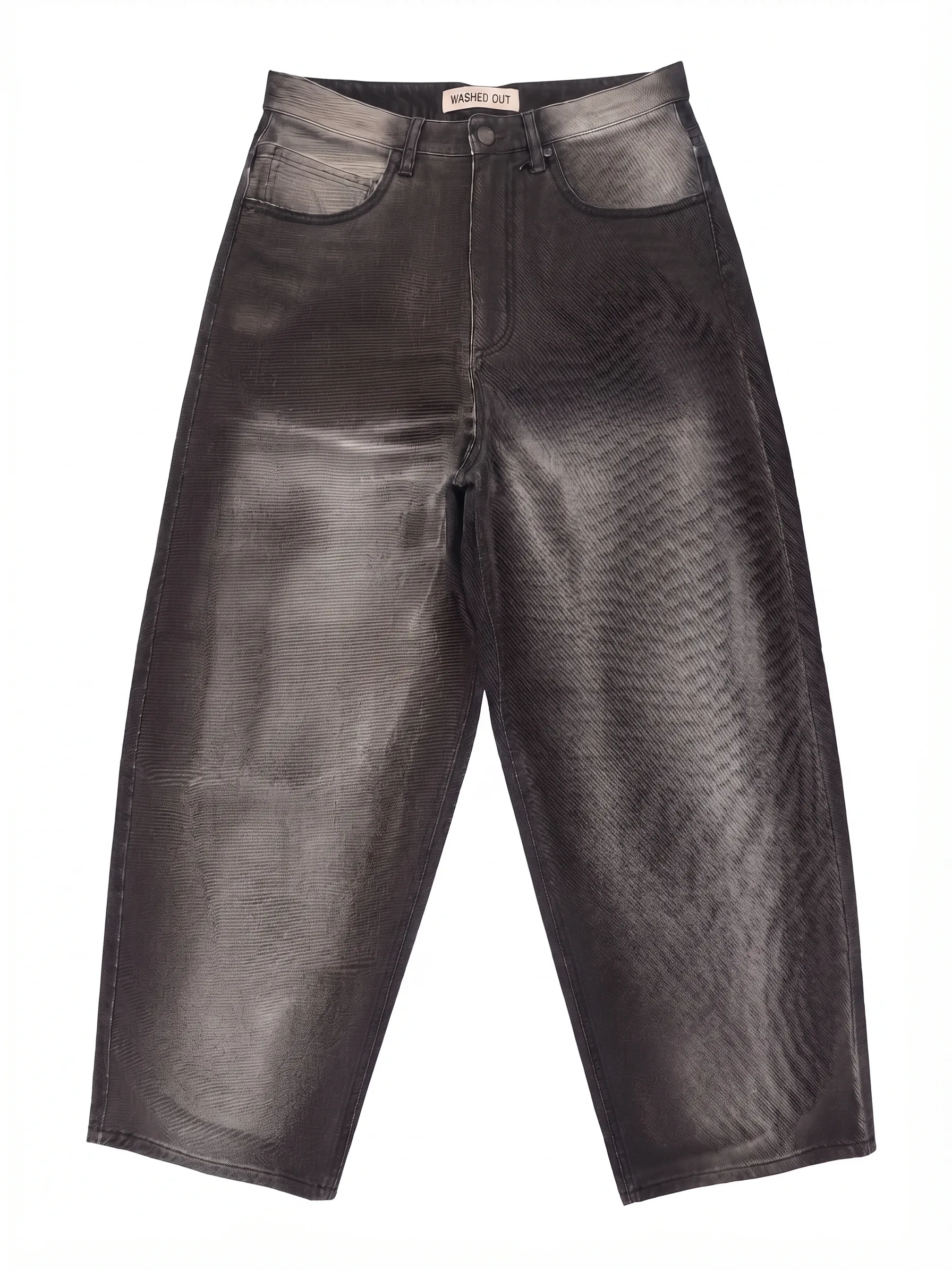 Coated charcoal wide-leg jeans, front view, development reference