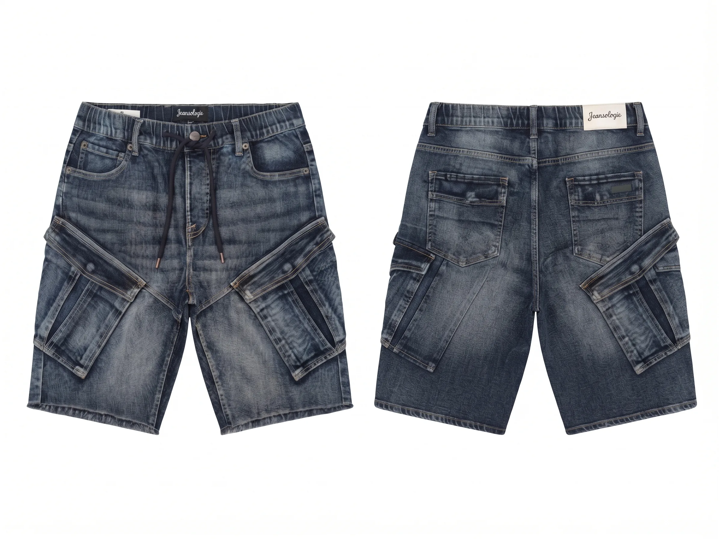 Dark blue cargo denim shorts, back view, development reference