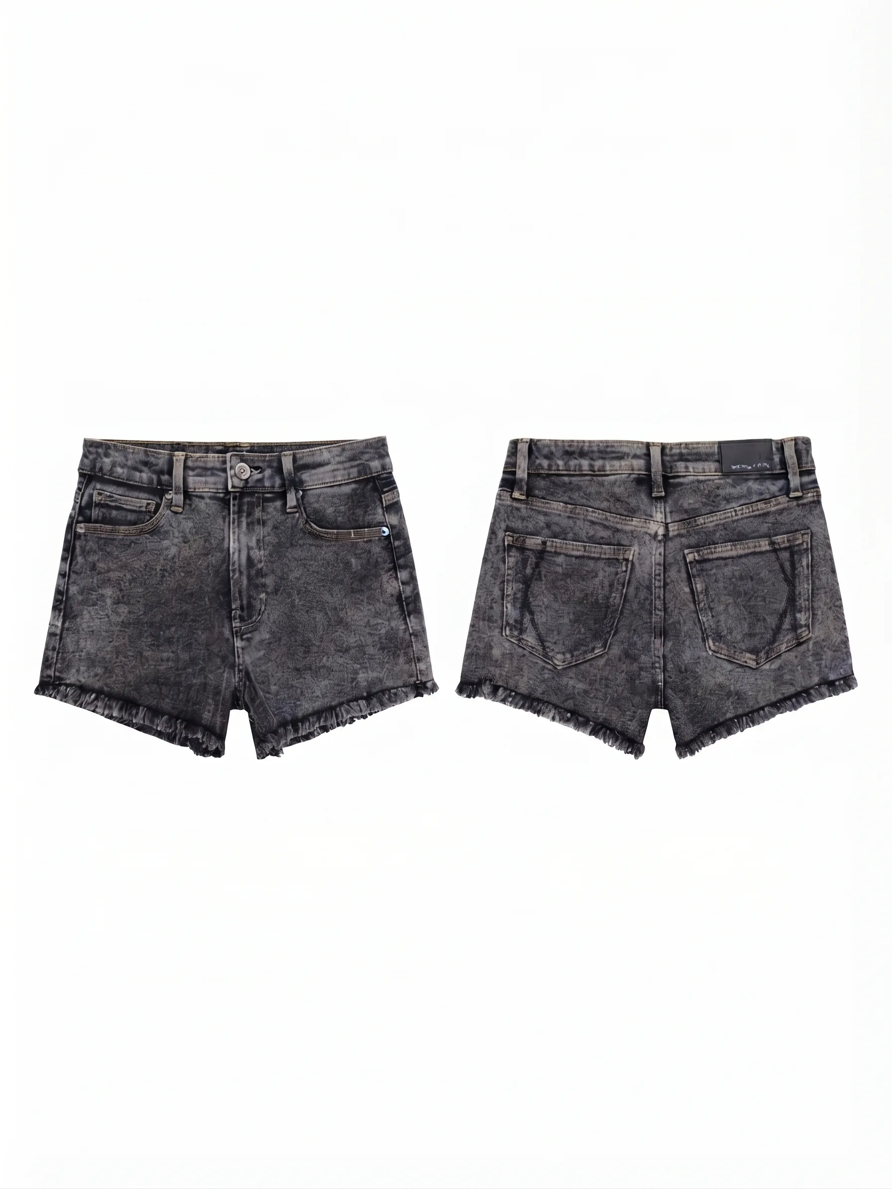 Dark grey acid-wash denim shorts, back view, development reference