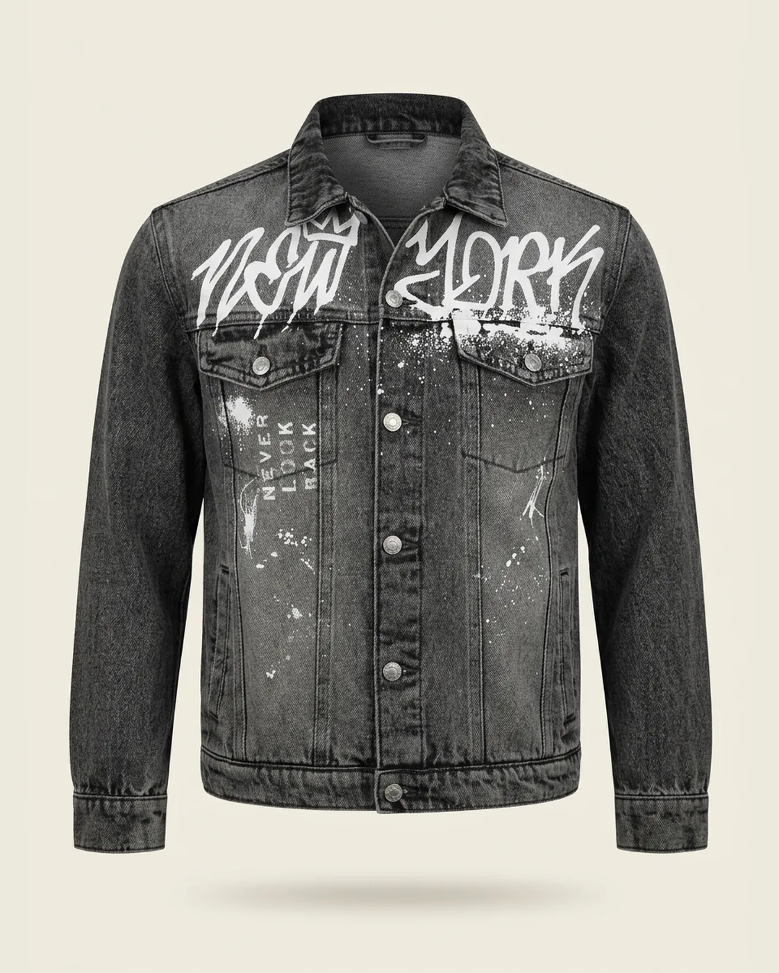Dark-wash graphic denim jacket, front view, development reference