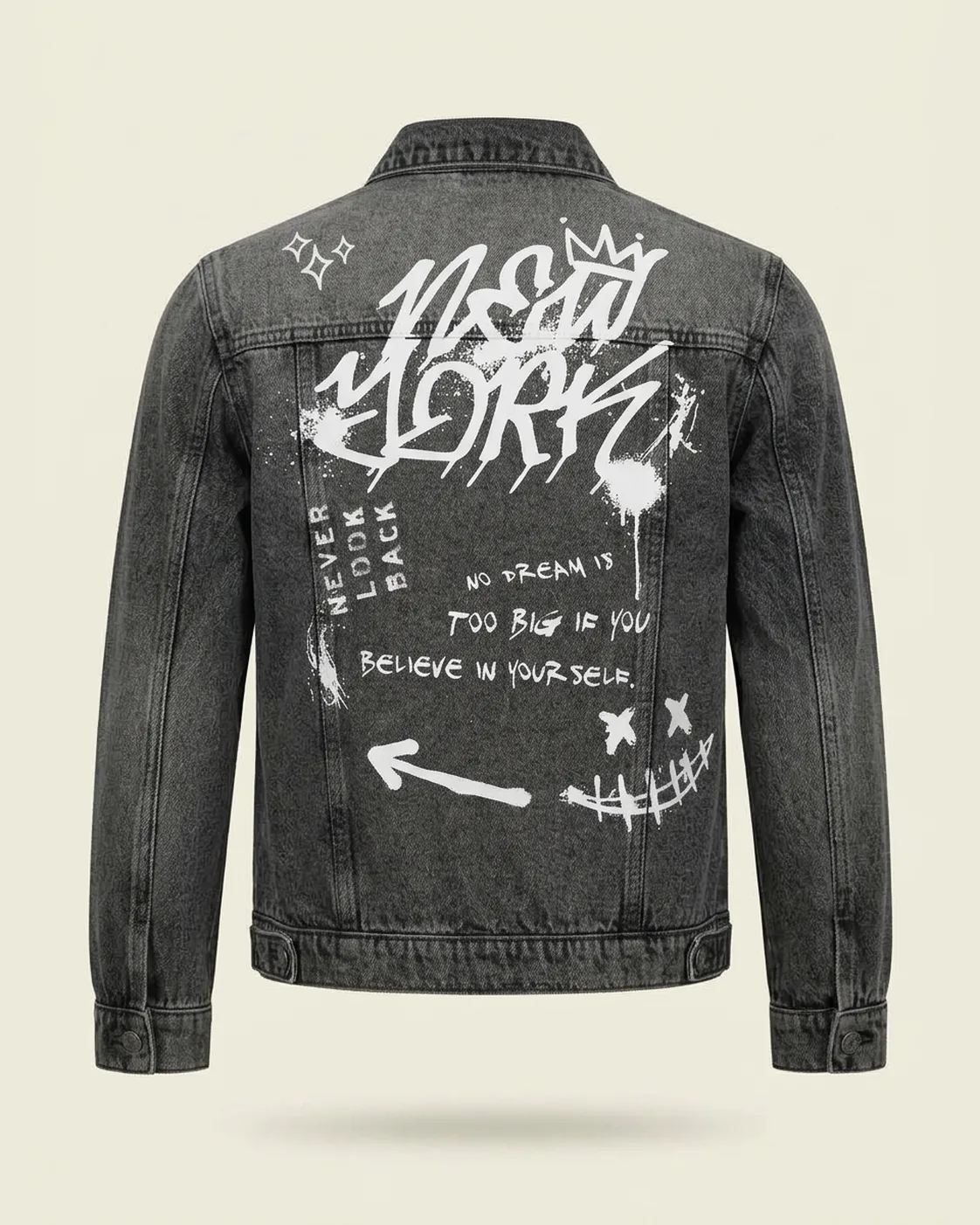 Dark-wash graphic denim jacket, back view, development reference