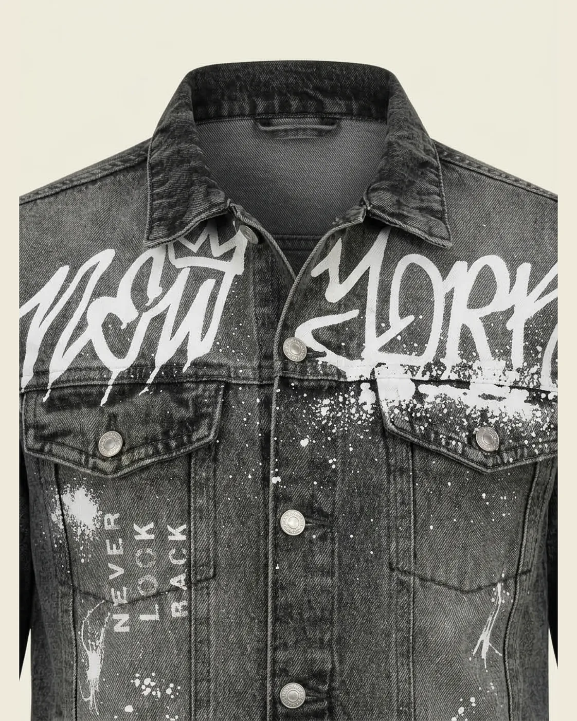 Dark-wash graphic denim jacket, construction detail, development reference