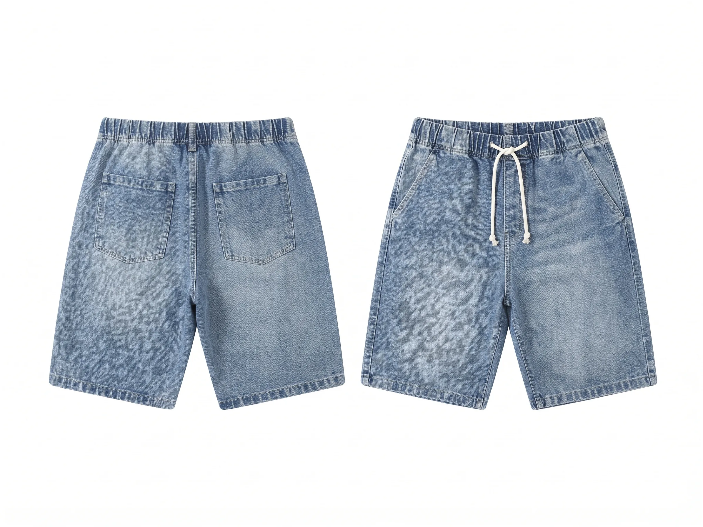 Drawstring denim shorts, back view, development reference