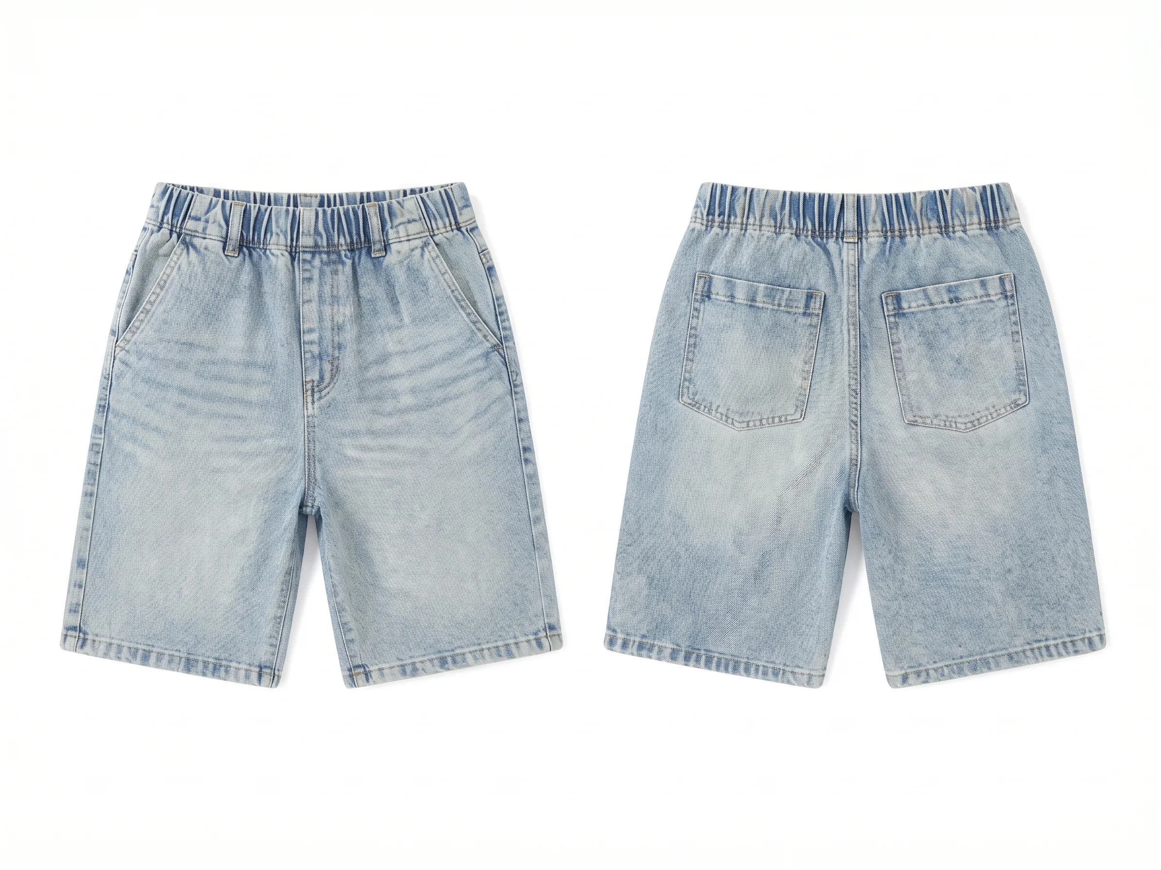 Elastic-waist denim shorts, back view, development reference