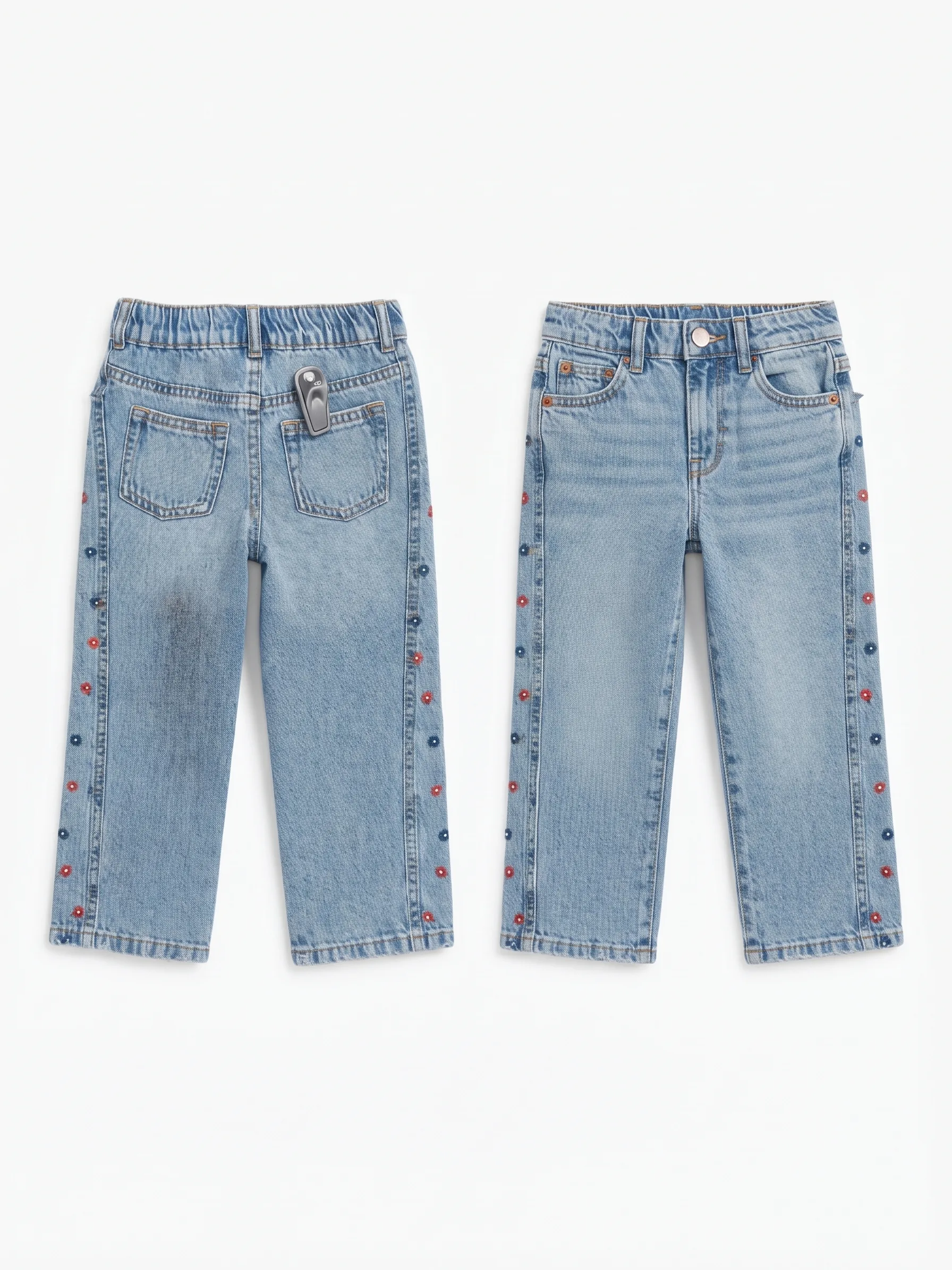Embroidered side-stripe jeans, back view, development reference