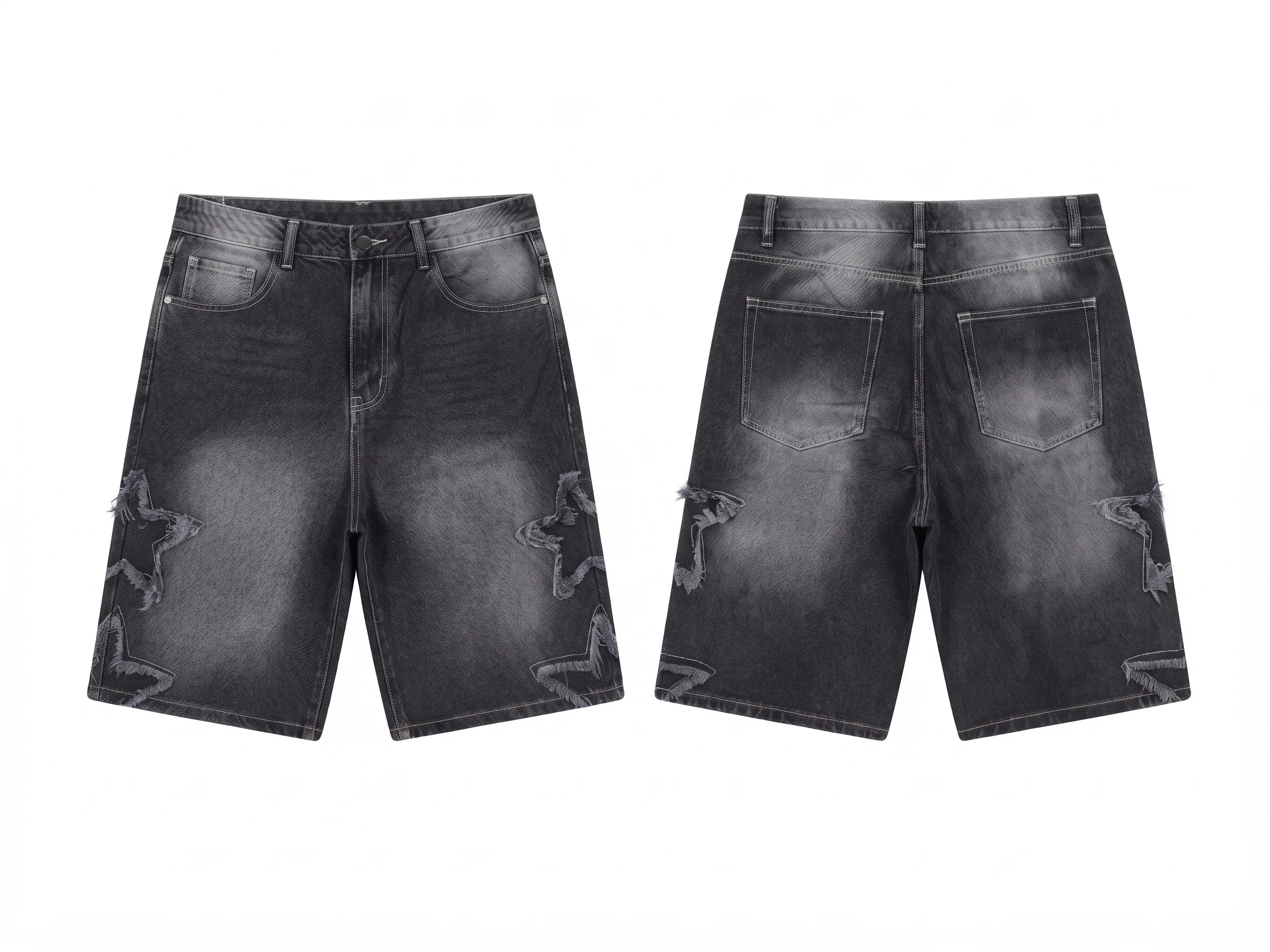Faded black star denim shorts, back view, development reference