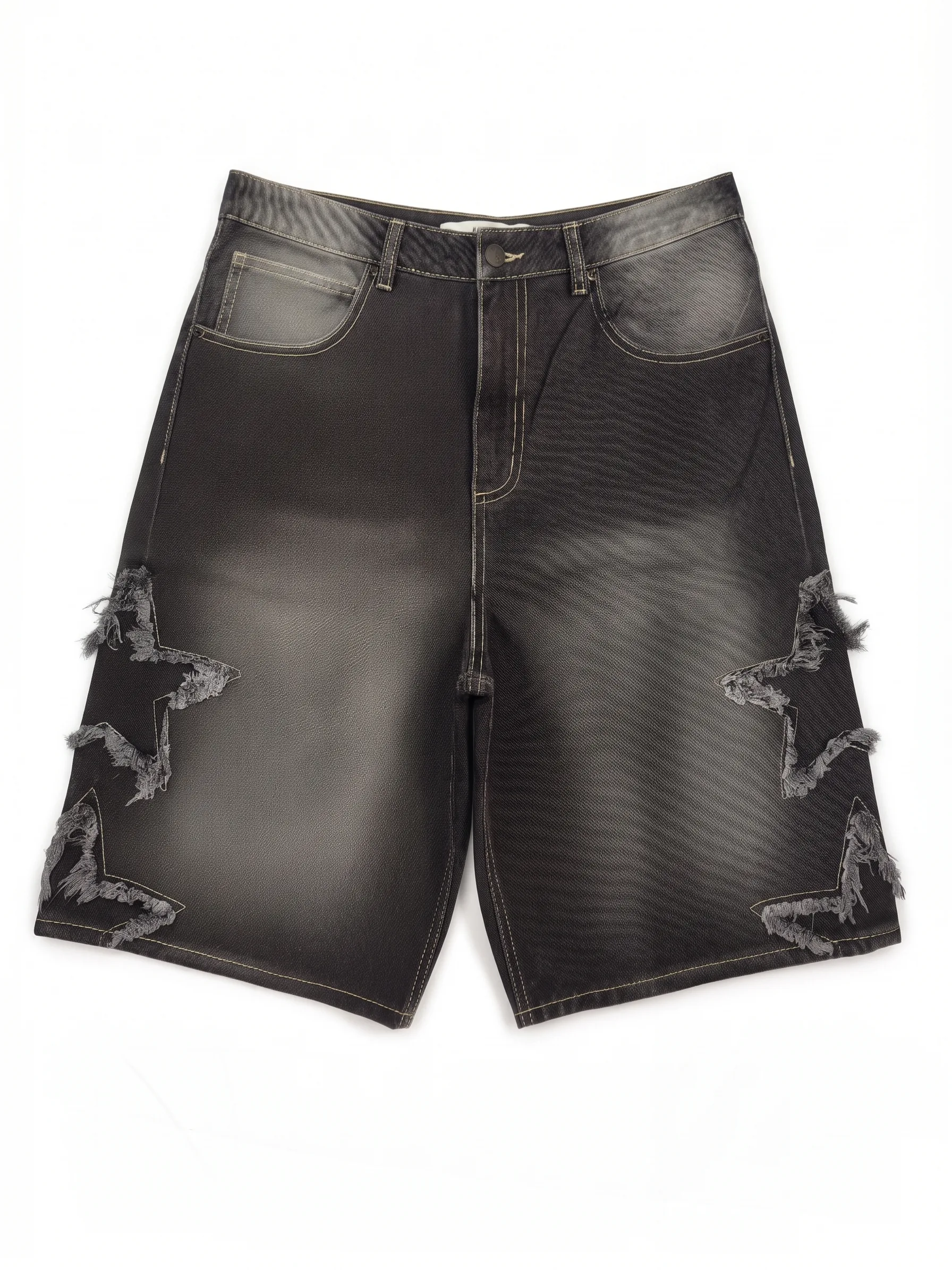 Faded black star denim shorts, front view, development reference