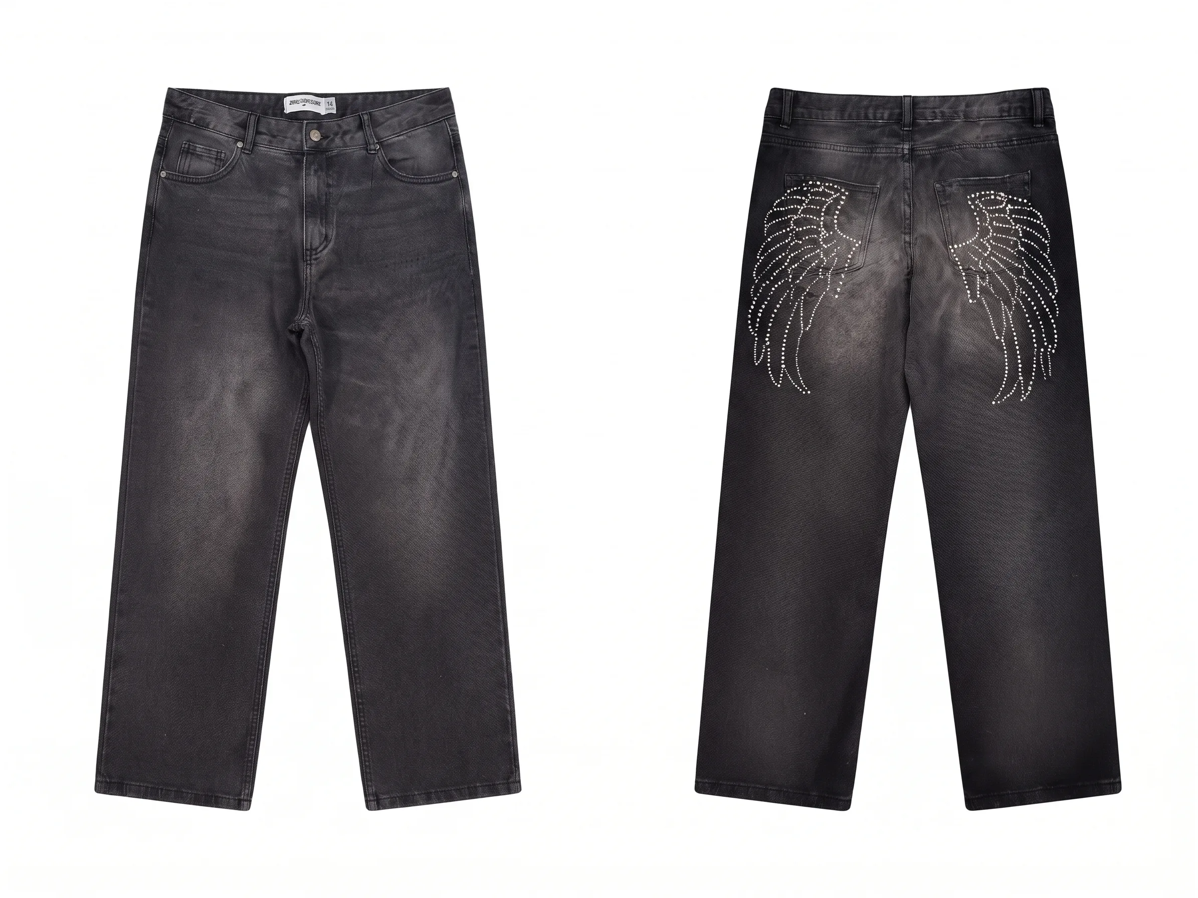 Faded black studded jeans, back view, development reference