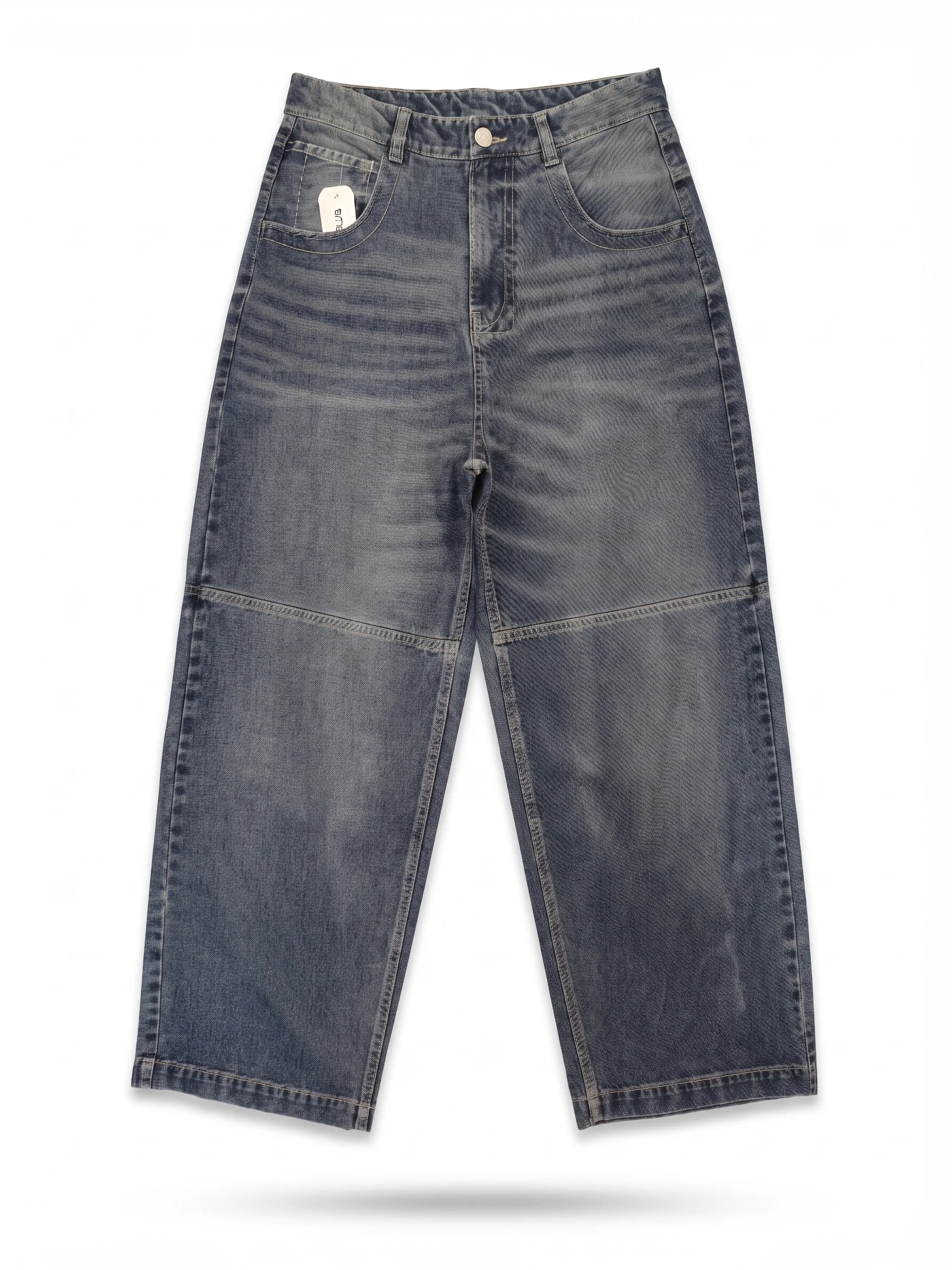 Faded panel-seam wide jeans, front view, development reference