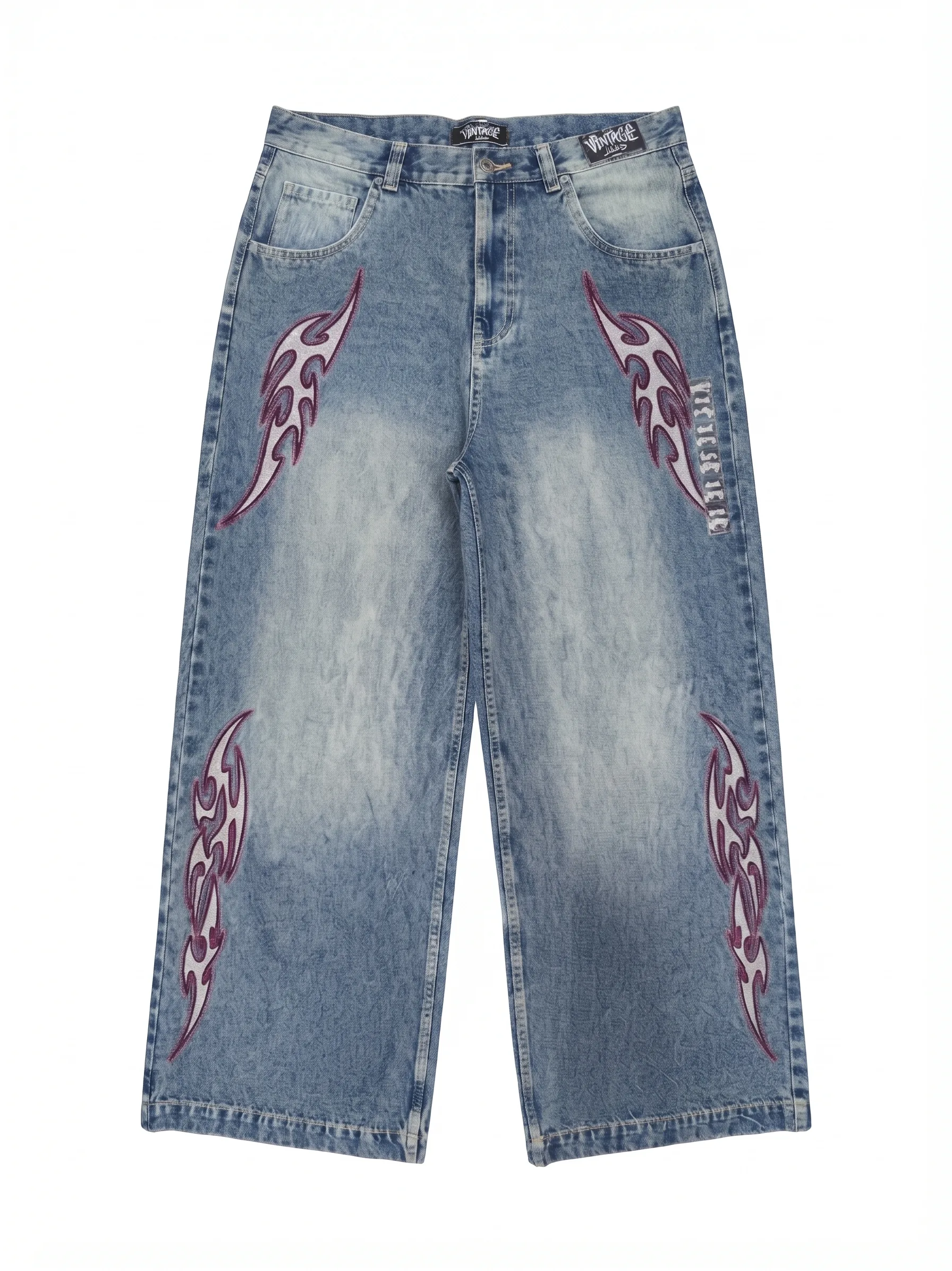 Flame embroidery wide-leg jeans, front view, development reference