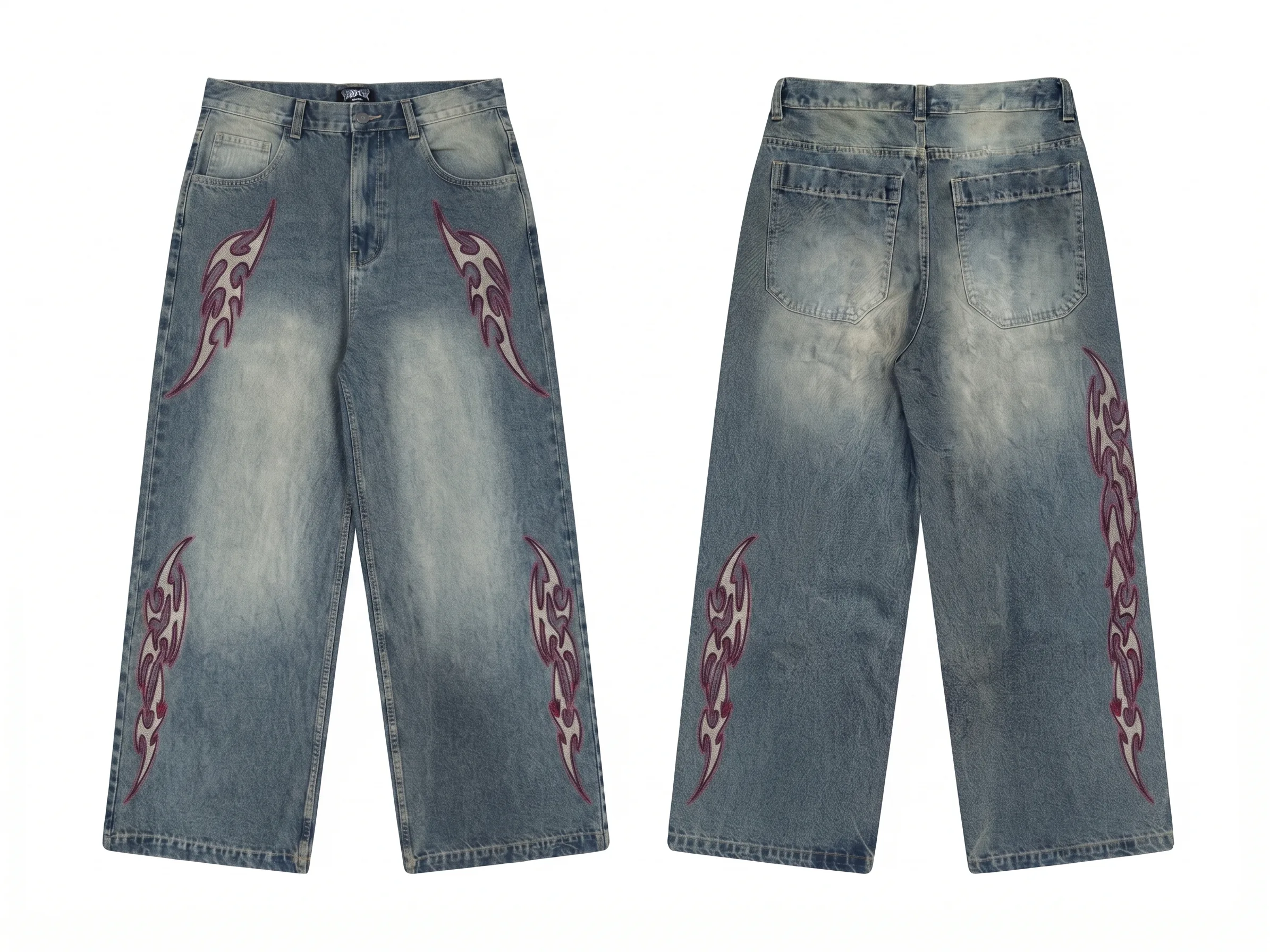 Flame graphic wide-leg jeans, back view, development reference