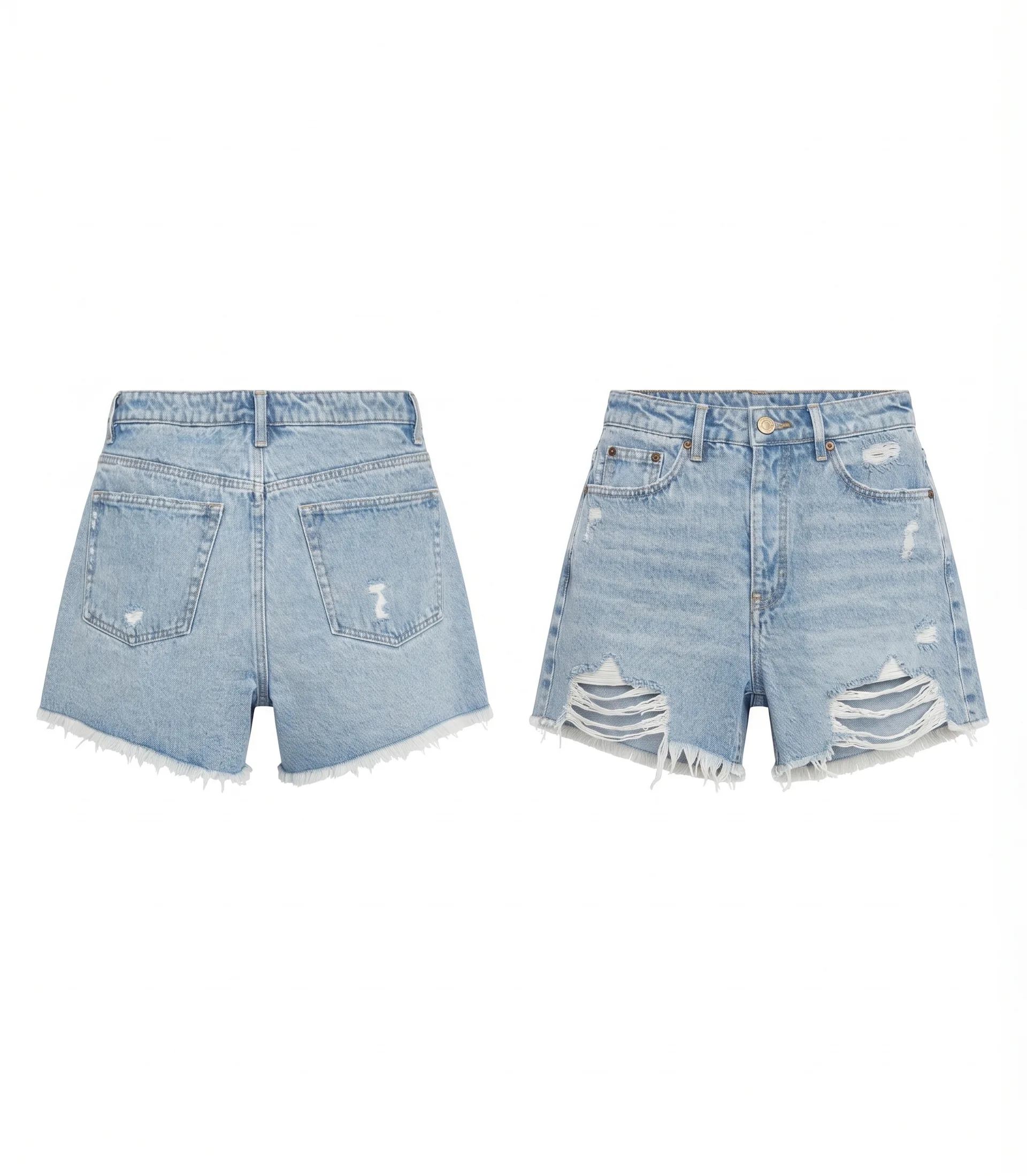 Fringe-hem denim shorts, back view, development reference